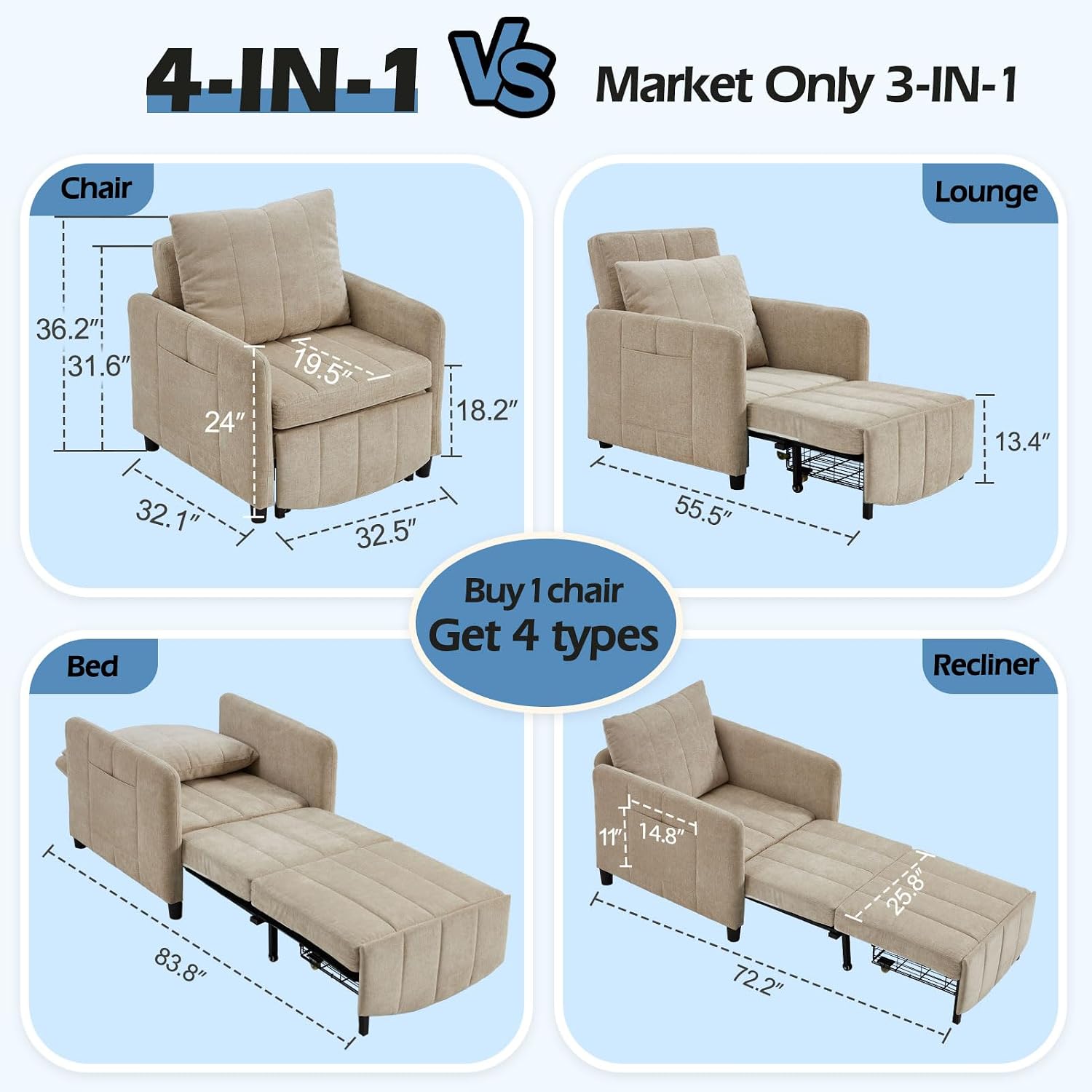 ZZW Sleeper Chair 84' Extra Long Convertible Chair Bed Upgraded 3-in-1 to 4-in-1 Pull Out Chair & Single Sofa Bed for Adult Sleeping Chairs for Living Room & Small Space