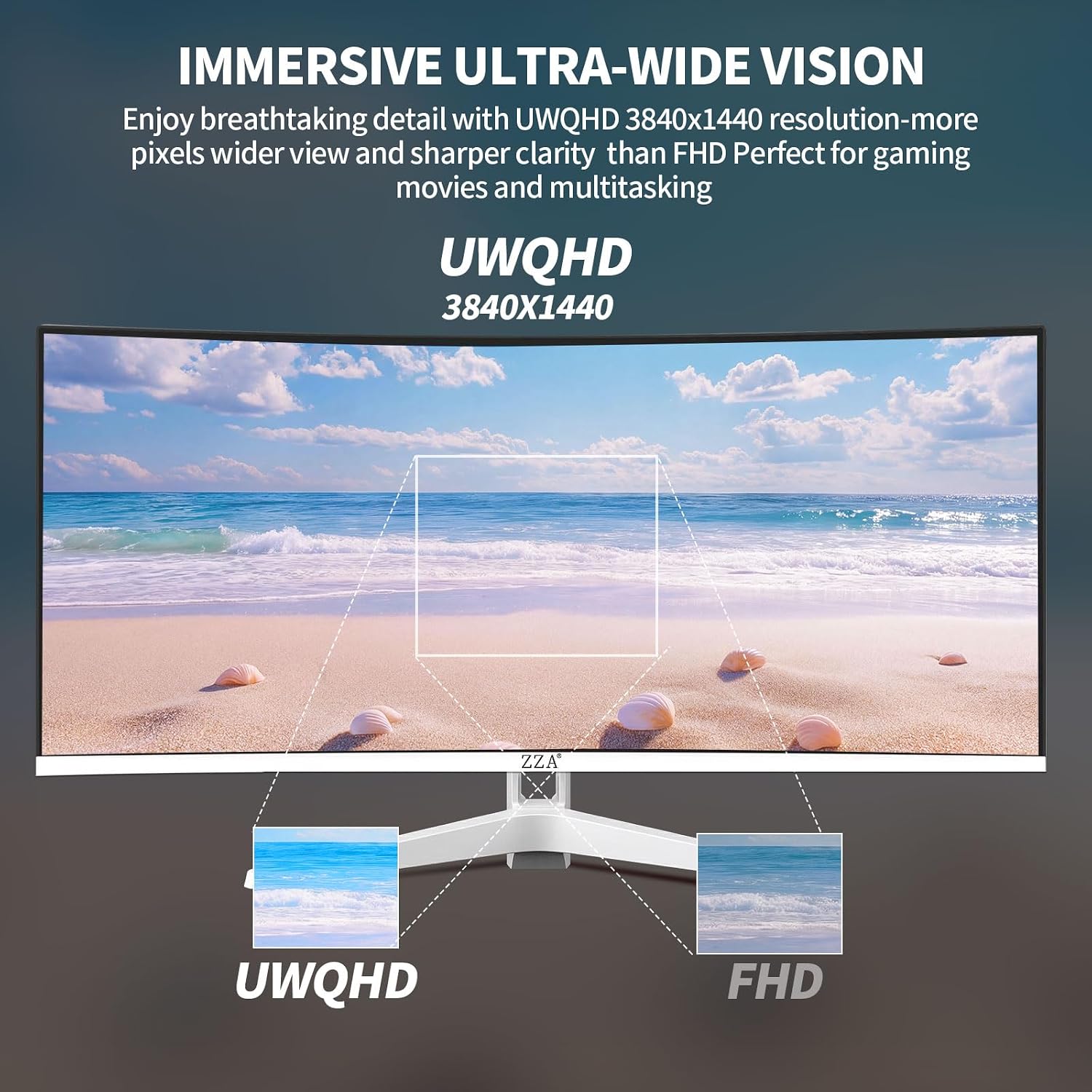 ZZA 34 Inch Ultrawide Curved Monitor Built in Speakers 4K Gaming Computer Monitor 100Hz, WQHD(3440x1440P) Curved 3800R 21:9 Ultra Wide PC Display, 130% sRGB, HDMI &DP, VESA Mount Compatible-White