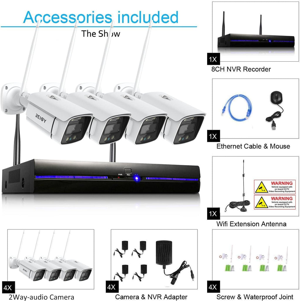 REIGY 3MP WiFi Security Camera System with Floodlight Without Hard Drive, 2K Outdoor Home Surveillance Set 8CH 5MP NVR + 4X 1296P IP Cam, 2-Way Audio Remote View Color Night Vision Motion Detection
