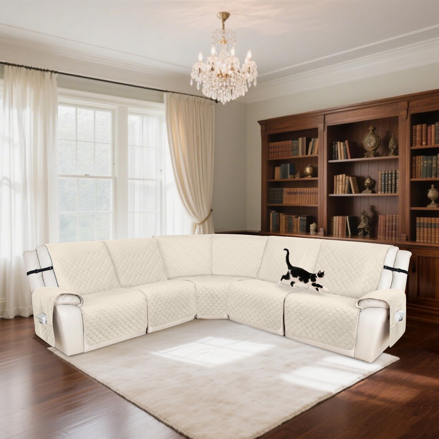 HDCAXKJ 100% Waterproof Recliner Sectional Couch Covers XX-Large L Shaped Corner Reclining Sofa Cover Washable Thick Non Slip Sectional Slipcover with Pockets (XXL 5 Seat Recliner Couch, Beige)