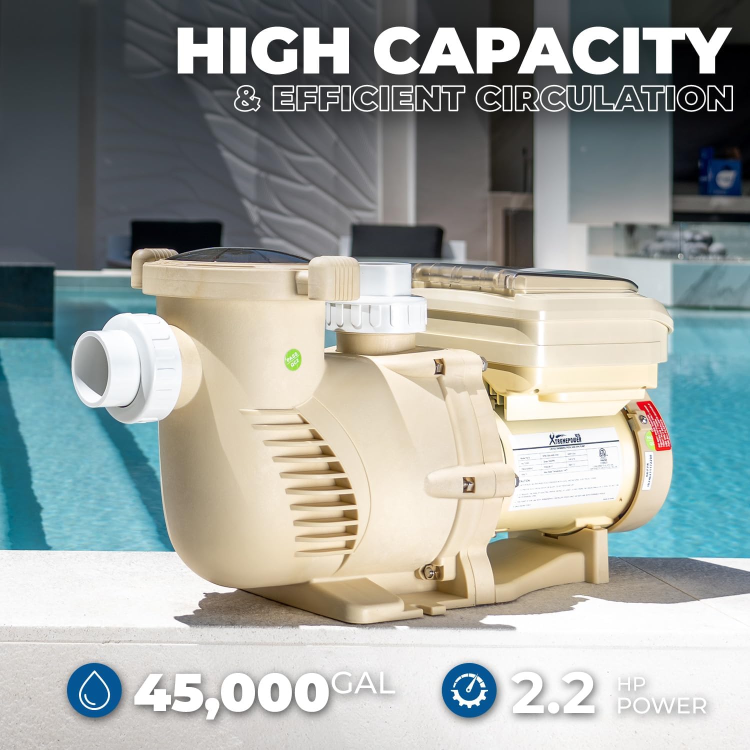 XtremepowerUS 2HP SuperFlow Variable Speed Swimming Pool Pump 230V, InGround 7,860 GPH 1.5' 2' Fitting Adapter, Self Priming Compatible EC-342001 Max 2.2HP