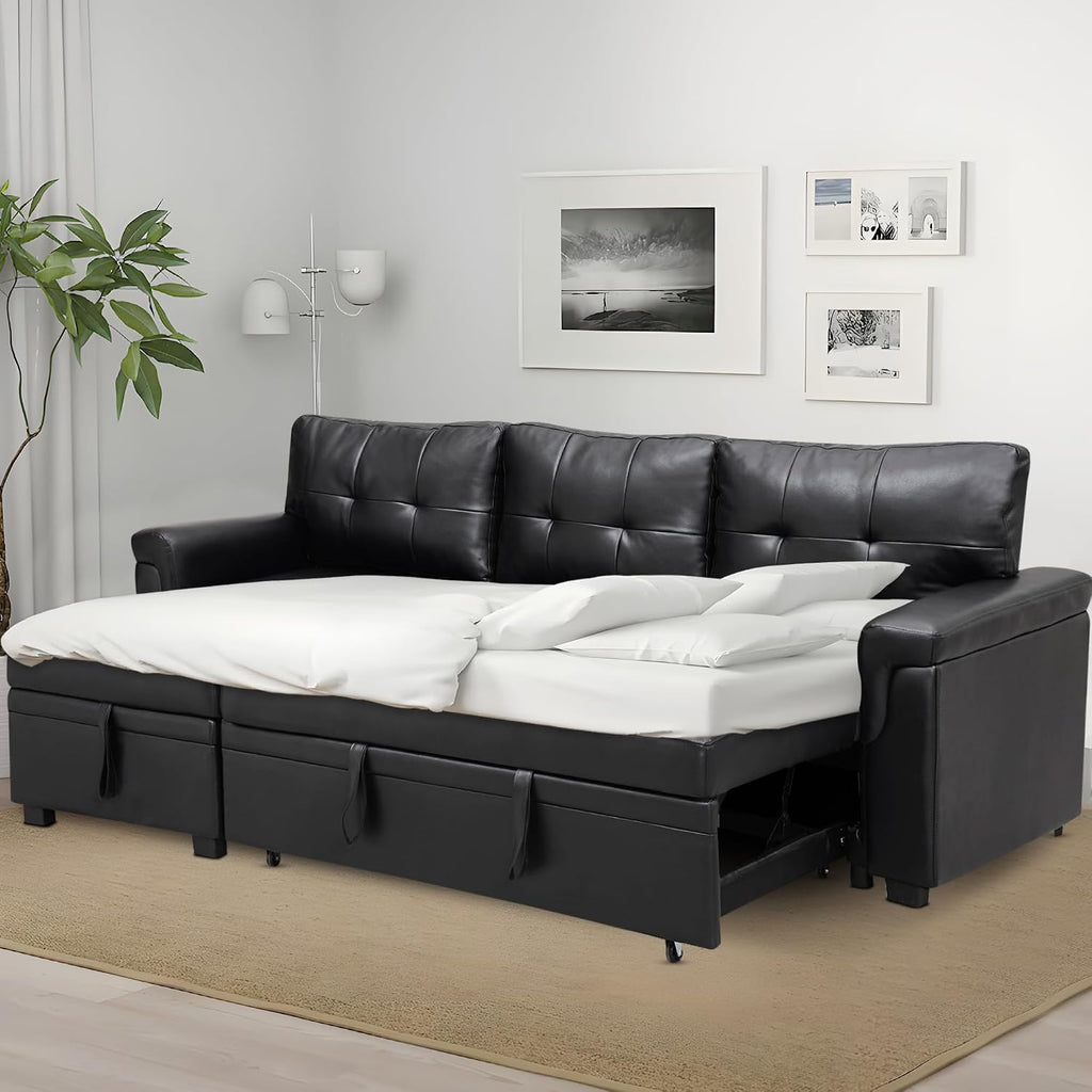 Naomi Home L Shaped Sectional Couch with Storage & Pull Out Bed – 3-in-1 Convertible Sleeper Sofa Bed, Small L Shape Sofa for Living Room, Sofa Bed with Storage Chaise in Black, Air Leather