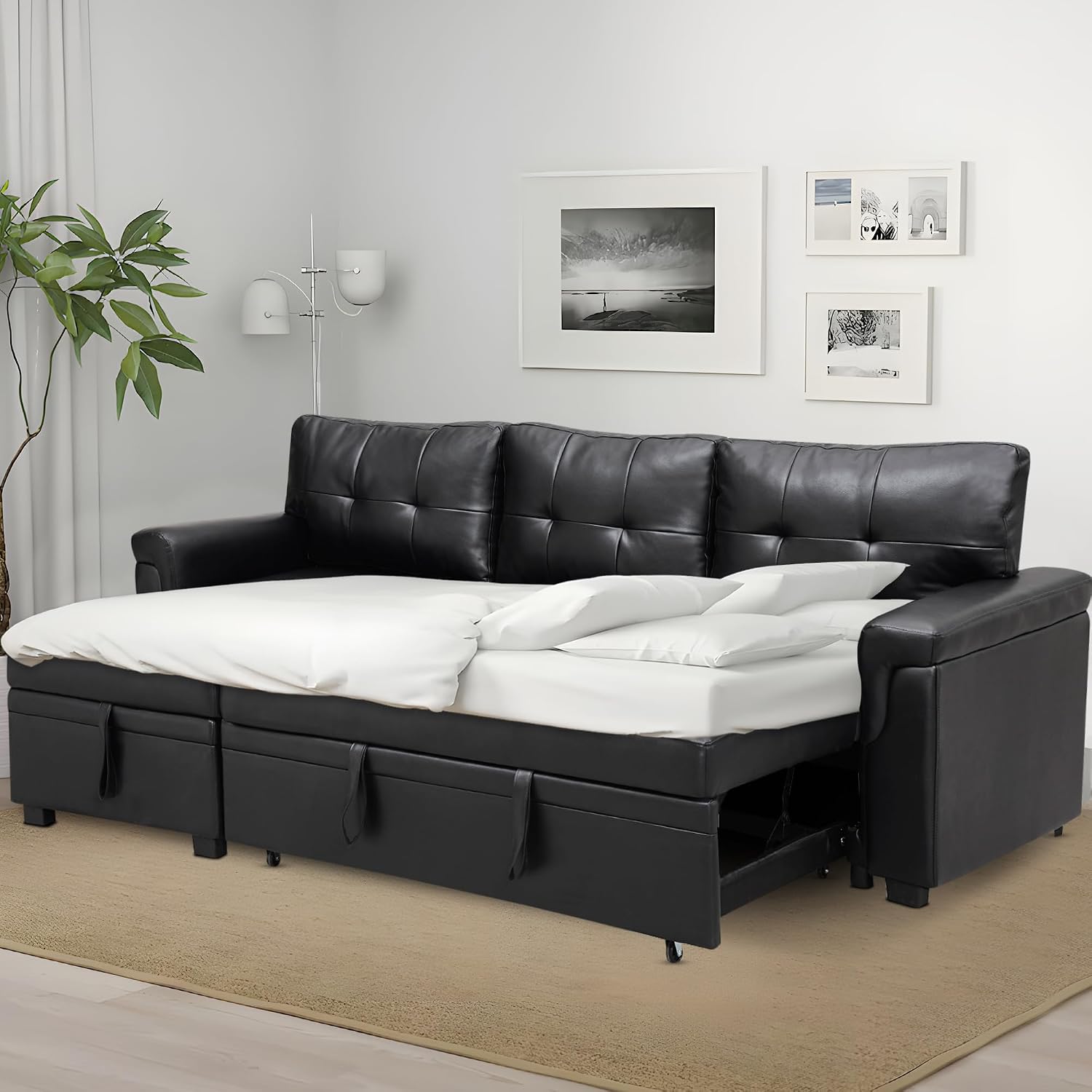 Naomi Home L Shaped Sectional Couch with Storage & Pull Out Bed – 3-in-1 Convertible Sleeper Sofa Bed, Small L Shape Sofa for Living Room, Sofa Bed with Storage Chaise in Black, Air Leather