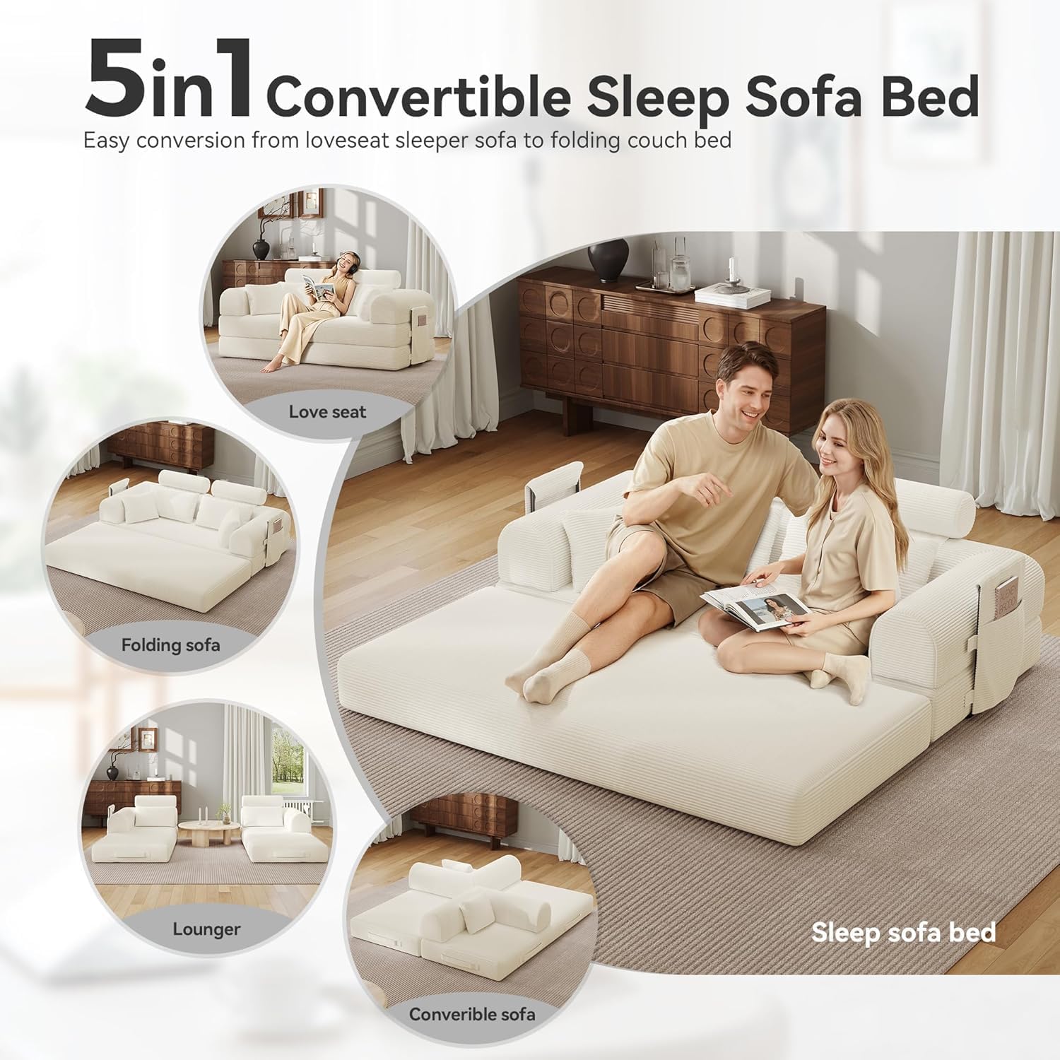 Upgraded 79' High Backrest Sofa Bed with Fixed Frame, Corduroy Fabric Convertible Couch for Small Spaces, Removable Armrests & Backrest, No Assembly Required (Beige White)