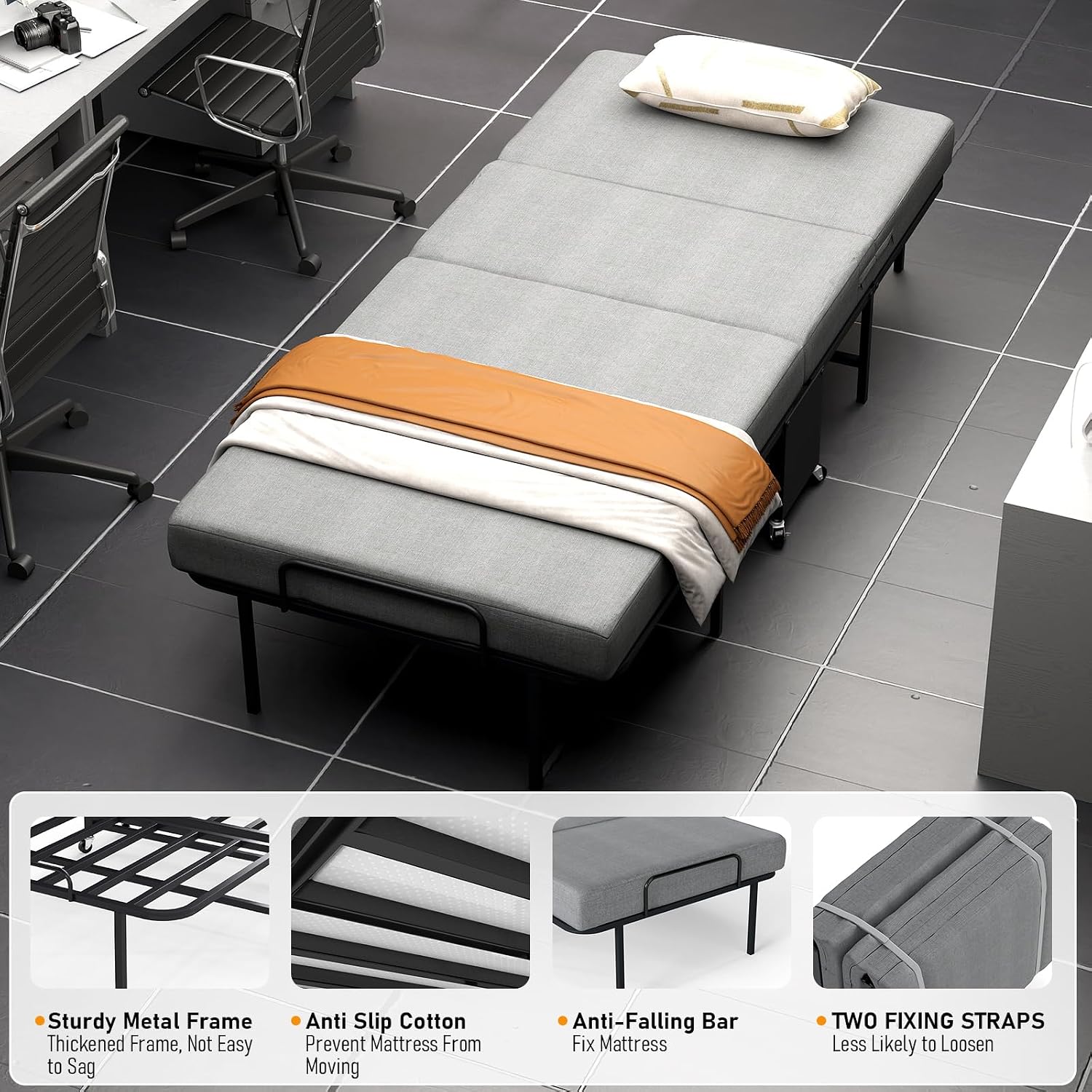 SADENICEL Folding Bed with Mattress for Adults, Twin Size, Portable Foldable Roll Away Bed on Wheels, Memory Foam Mattress and Super Strong Frame, Space Saving Fold Up for Easy Storage, 75' x 38'