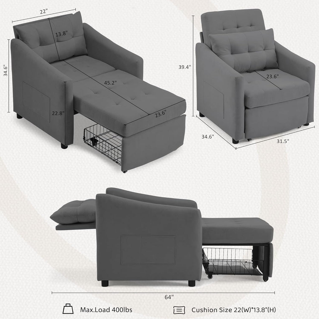 Bezseller Sleeper Sofa Chair Bed, 3-in-1 Convertible Sleeper Chair with Storage Drawer, Pull Out Couch with Side Pocket, Pillow, and Adjustable Backrest, for Living Room Bedroom Apartment, Dark Grey