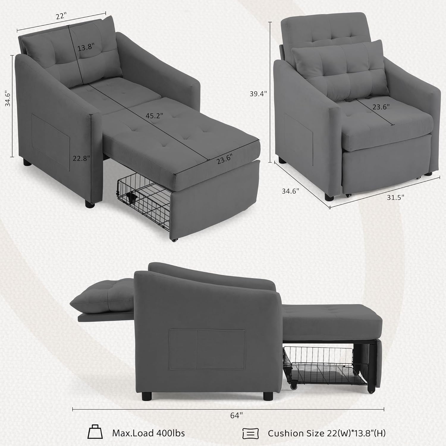 Bezseller Sleeper Sofa Chair Bed, 3-in-1 Convertible Sleeper Chair with Storage Drawer, Pull Out Couch with Side Pocket, Pillow, and Adjustable Backrest, for Living Room Bedroom Apartment, Dark Grey