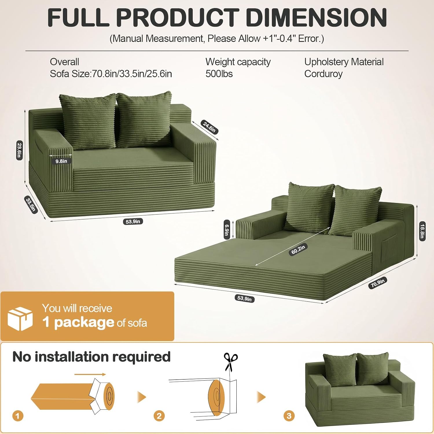 Erament Boneless Loveseat Convertible Sofa Bed, Folding Floor Futon Sleeper Sofa Couch Bed- Boneless Foldable Couch, Corduroy Pull Out Sofa Bed with 2 Pillows for Living Room & Bedroom