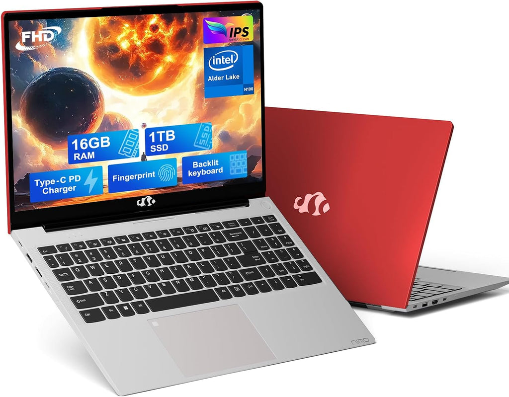 NIMO 15.6 FHD Student Laptop, 16GB RAM 1TB SSD, Backlit Keyboard, Fingerprint, 4-Cores Pentium N100 (Beat i3-1115G4, Up to 3.4GHz), Numpad, WiFi 6, IPS Computer, Win 11, RED
