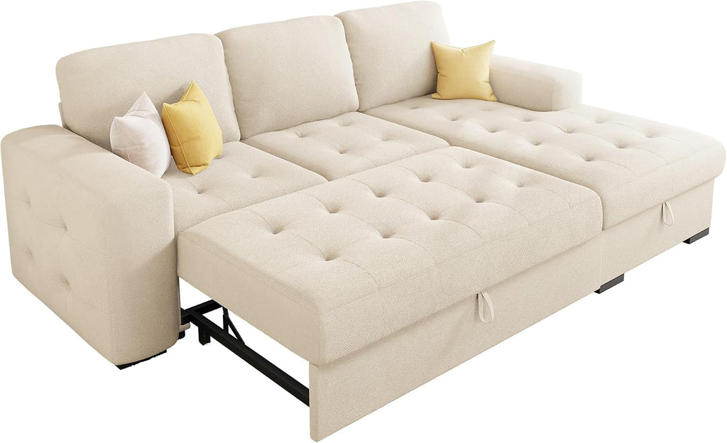 VanAcc 96' Sofa Bed Couch with Storage Chaise, Convertible Sleeper Sofa, Sleeper Couch with Pull Out Bed for Living Room(Beige)