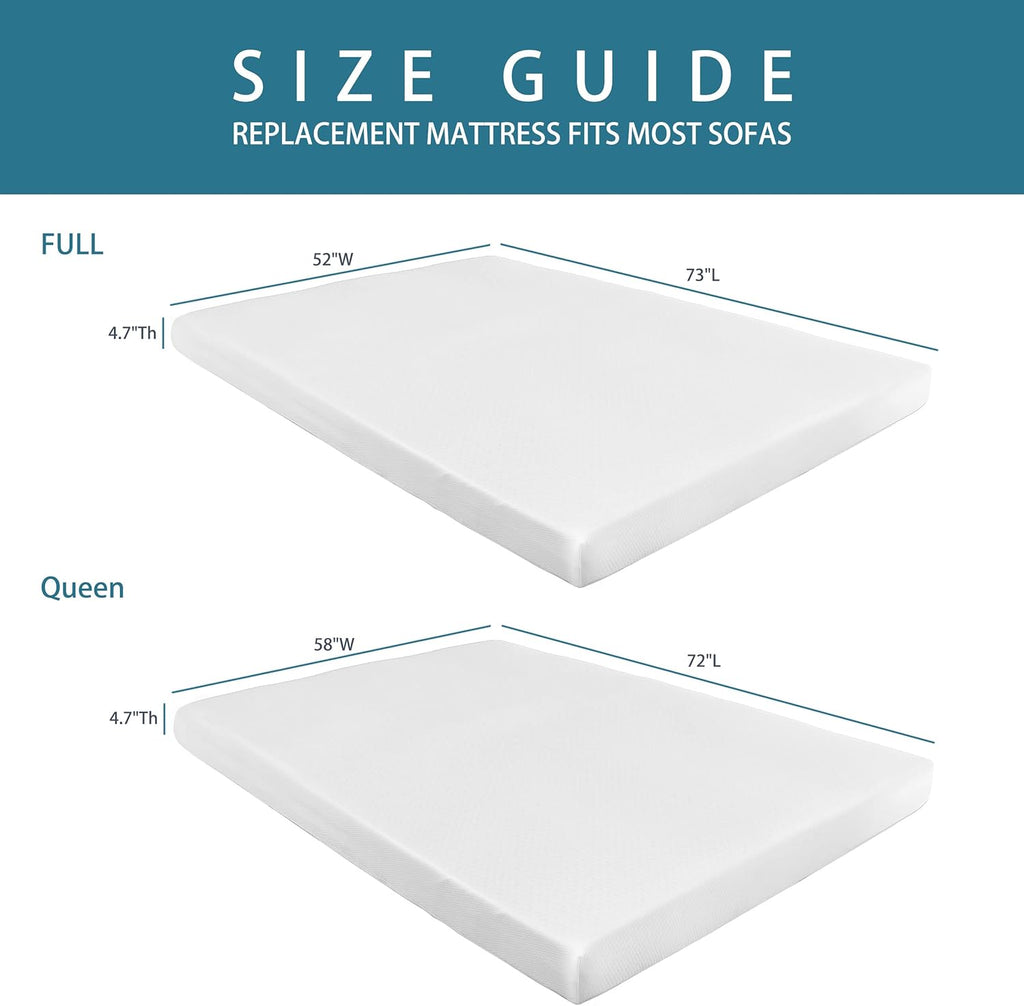 4.7 Inch Memory Foam Mattress Replacement with Washable Cover for Sleeper Sofa and Couch Beds, Queen Size, CertiPUR-US Certified (Sofa Not Included)
