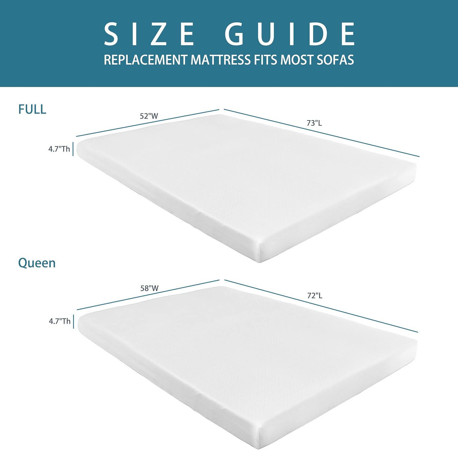 4.7 Inch Memory Foam Mattress Replacement with Washable Cover for Sleeper Sofa and Couch Beds, Queen Size, CertiPUR-US Certified (Sofa Not Included)