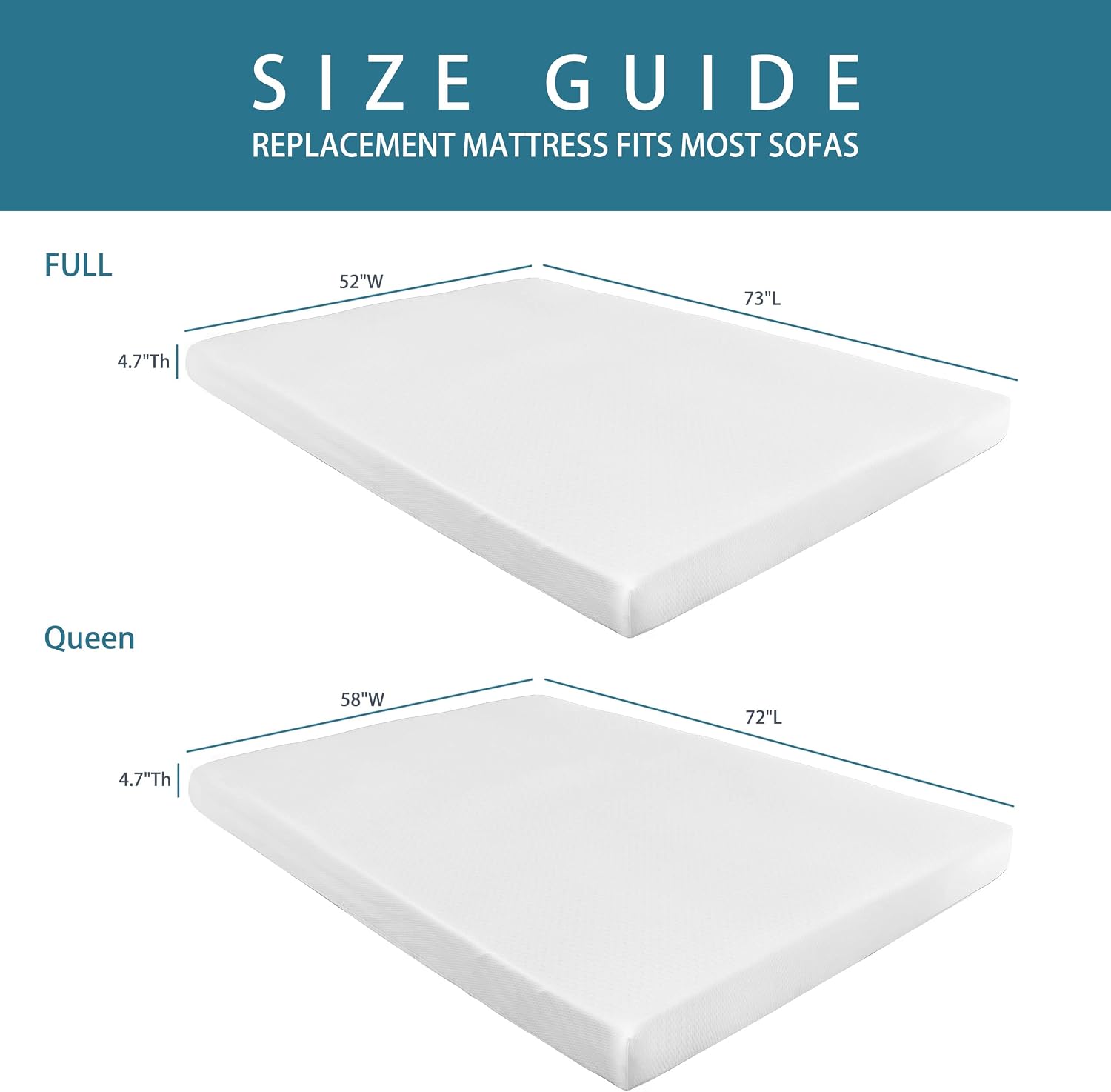 4.7 Inch Memory Foam Mattress Replacement with Washable Cover for Sleeper Sofa and Couch Beds, Full Size, CertiPUR-US Certified (Sofa Not Included)