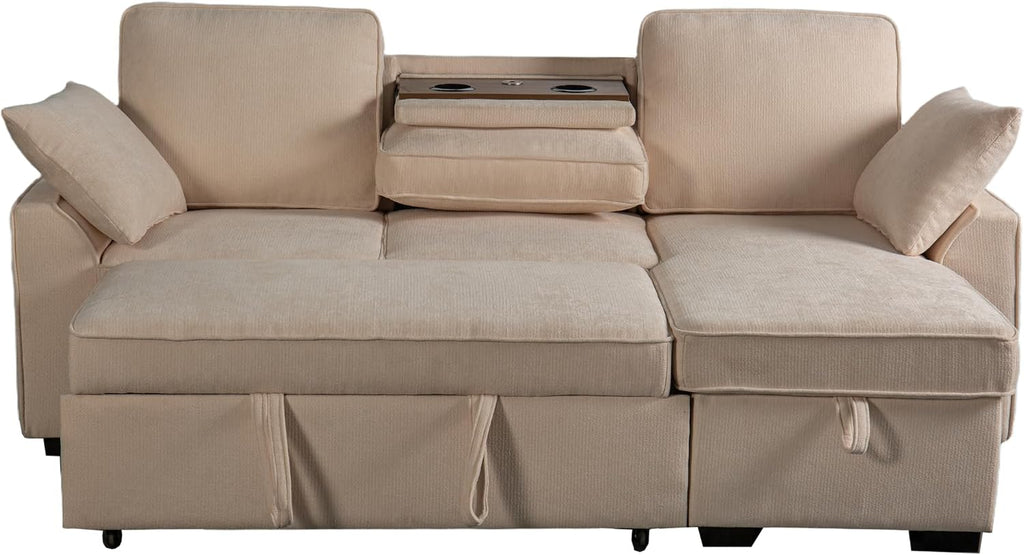Ball & Cast L-Shape Reversible Sectional Sleeper Sofa Bed 4 in 1 Pull Out Couch with Storage Chaise,Cup Holders & USB Ports,Convertible Sleeper Corner Couch Pull-Out Sofa Bed for Living Room,Office