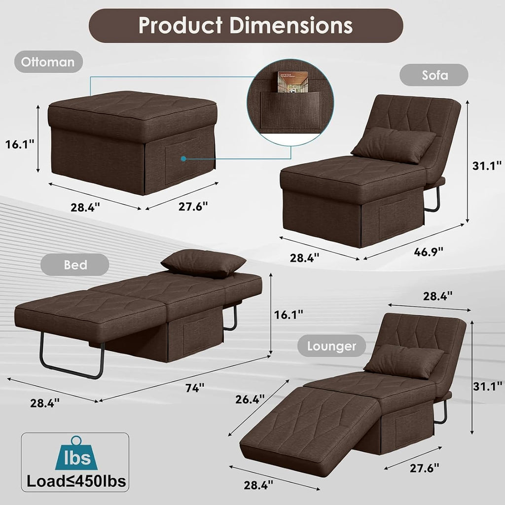 Ottoman Bed with 5-Level Adjustable Backrest, 74' D x 28' W 4-in-1 Convertible Sleeper Chair Bed, Folding Sofa Bed for Living Room, Apartment, Dorm & Small Space, Dark Brown