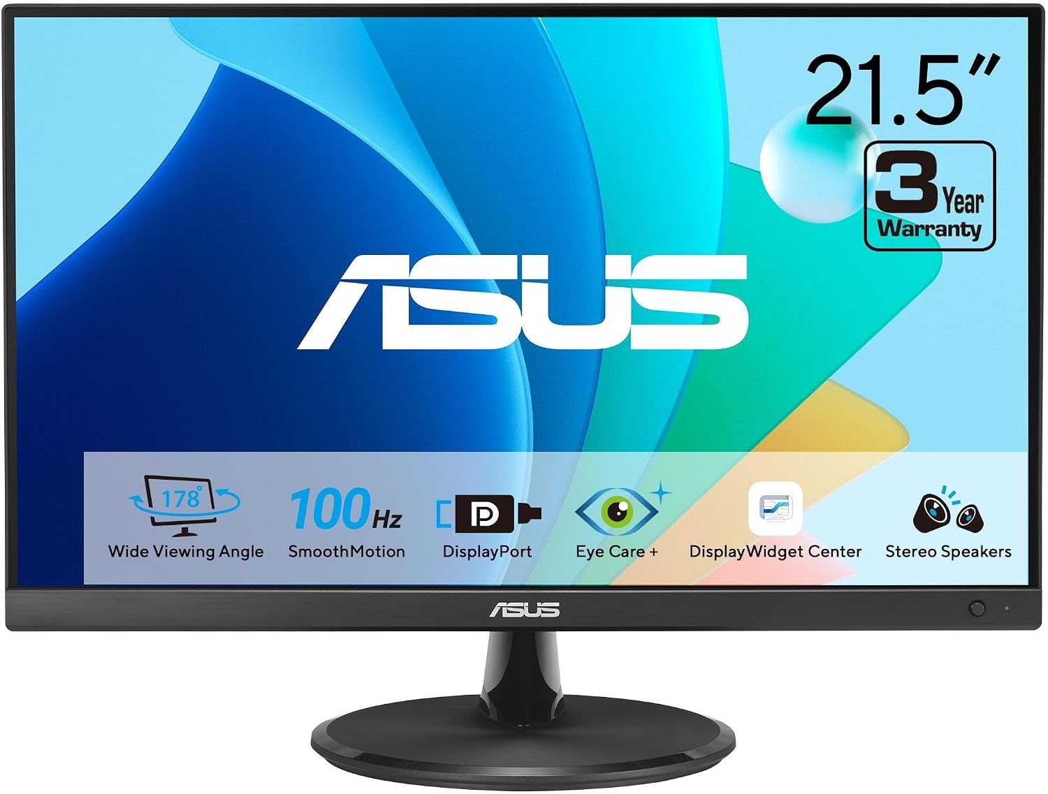 ASUS 22' Eye Care Monitor (VP229QF) – 100Hz, IPS, Full HD, 99% sRGB, Frameless, Adaptive-Sync, DisplayPort, HDMI, Low Blue Light, Flicker Free, Wall Mountable, 3 yr Warranty