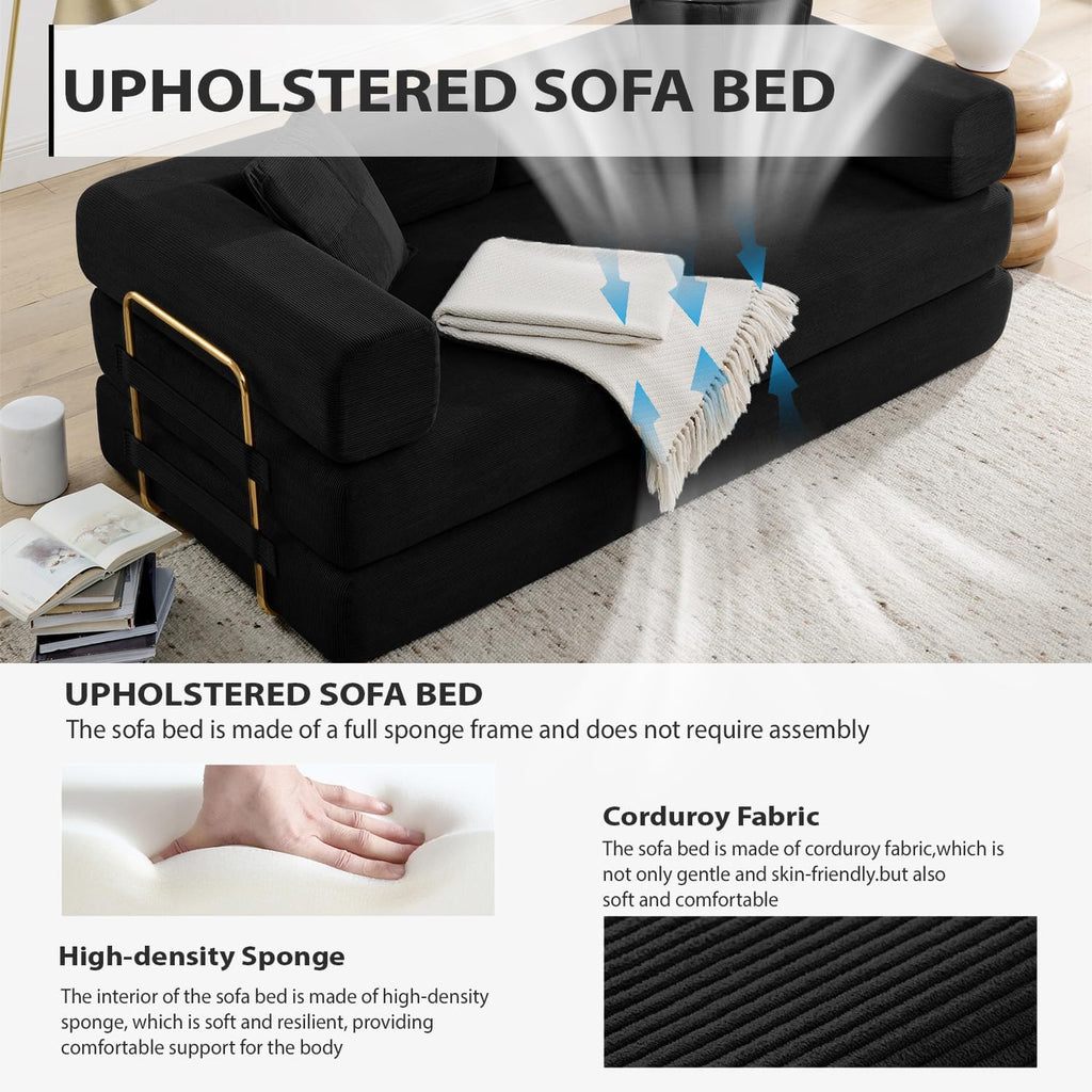 HANXIN 78 Inch Convertible Sleeper Sofa Bed, Folding Floor Mattress Couch with Fixed-Shape Frame, Futon Boneless Couch Lounge Loveseat with Pull Out Bed, No Assembly Required (Black)