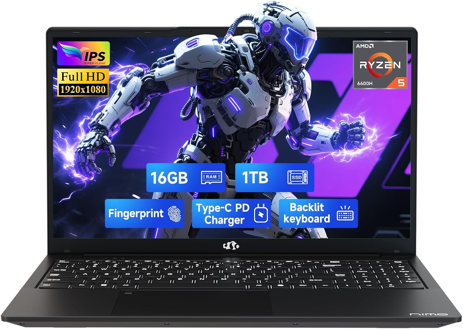 NIMO 15.6' IPS FHD-Gaming-Laptop, AMD Ryzen 5 6600H 6 Cores 16GB DDR5 RAM 1TB SSD (Beat i7-1165G7, Up to 4.5GHz) Radeon 660M GPU-Computer with 100W Type-C Backlit Keyboard Fingerprint Win 11