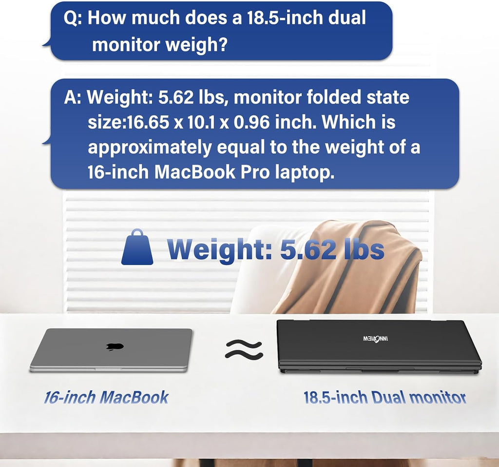InnoView 18.5' Dual Portable Monitor 100Hz 2K 2560x1600P 100% sRGB Foldable & Stackable Design with 315° Screen Adjustment | DP/USB-C/HDMI, Second Monitor for Laptop, Mac, Windows
