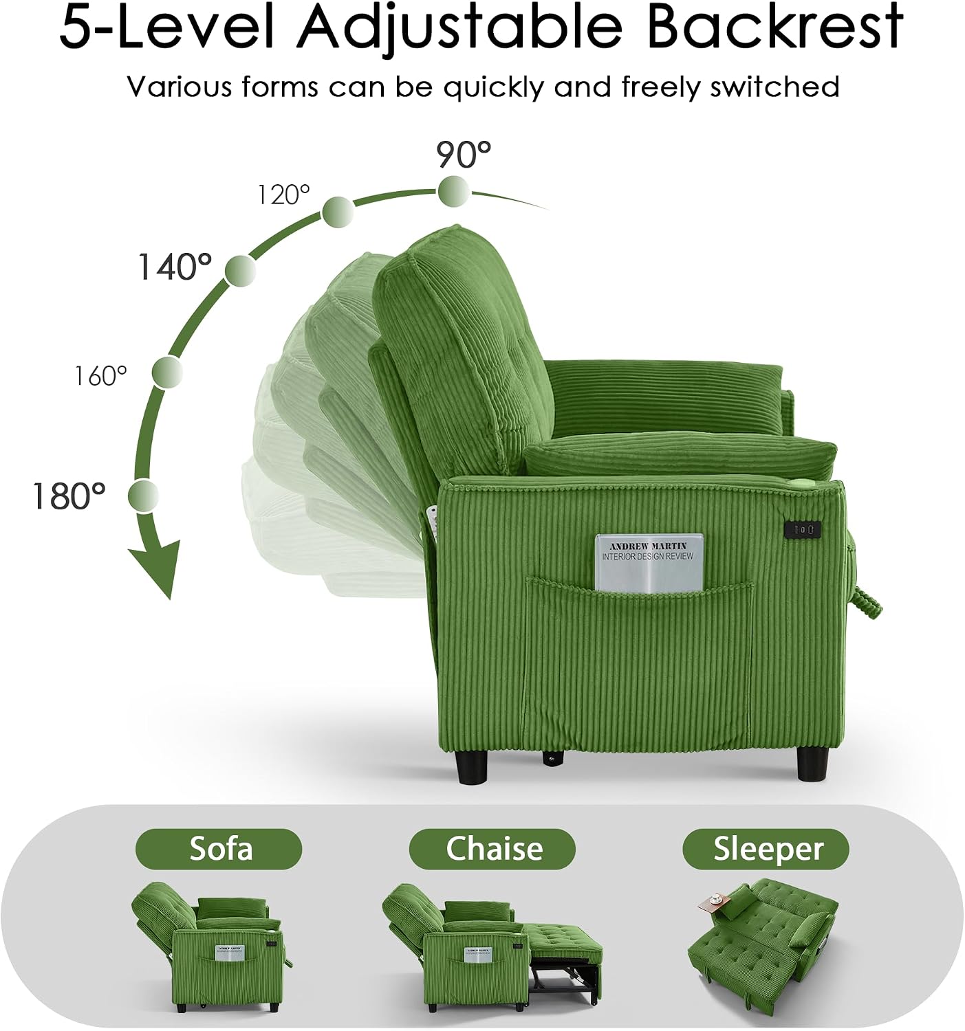 Sleeper Sofa Bed, 54'' Convertible Pull Out Couch with Small Table| USB Port | Stand Table| Corduroy Fabric | Adjustable Backrest for Apartment, Office, Bedroom, Guest Room(Green)