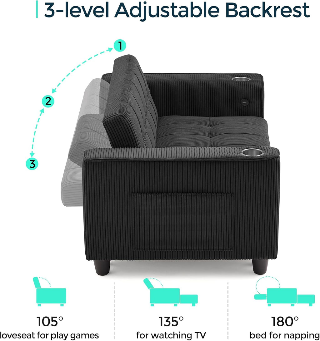 LINSY Sleeper Sofa Bed, 54' Pull Out Couch with Charging Station & Cup Holder, Small 3 in 1 Convertible Loveseat Sleeper Couch for Apartment, Dorm Room, Bedroom and Small Space, Corduroy Black