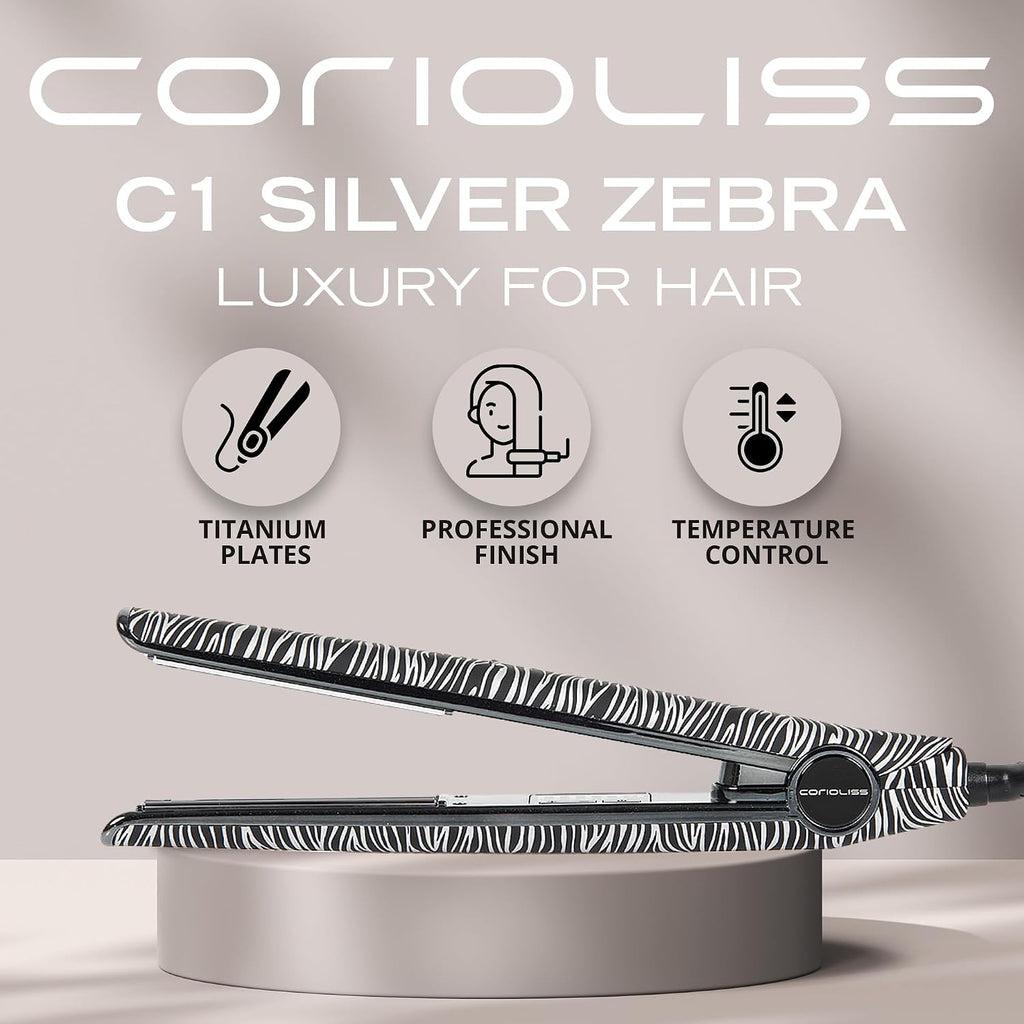 Corioliss C1 Flat Iron Hair Straightener Professional Titanium Plates Temperature Control Travel Case (Zebra Silver)
