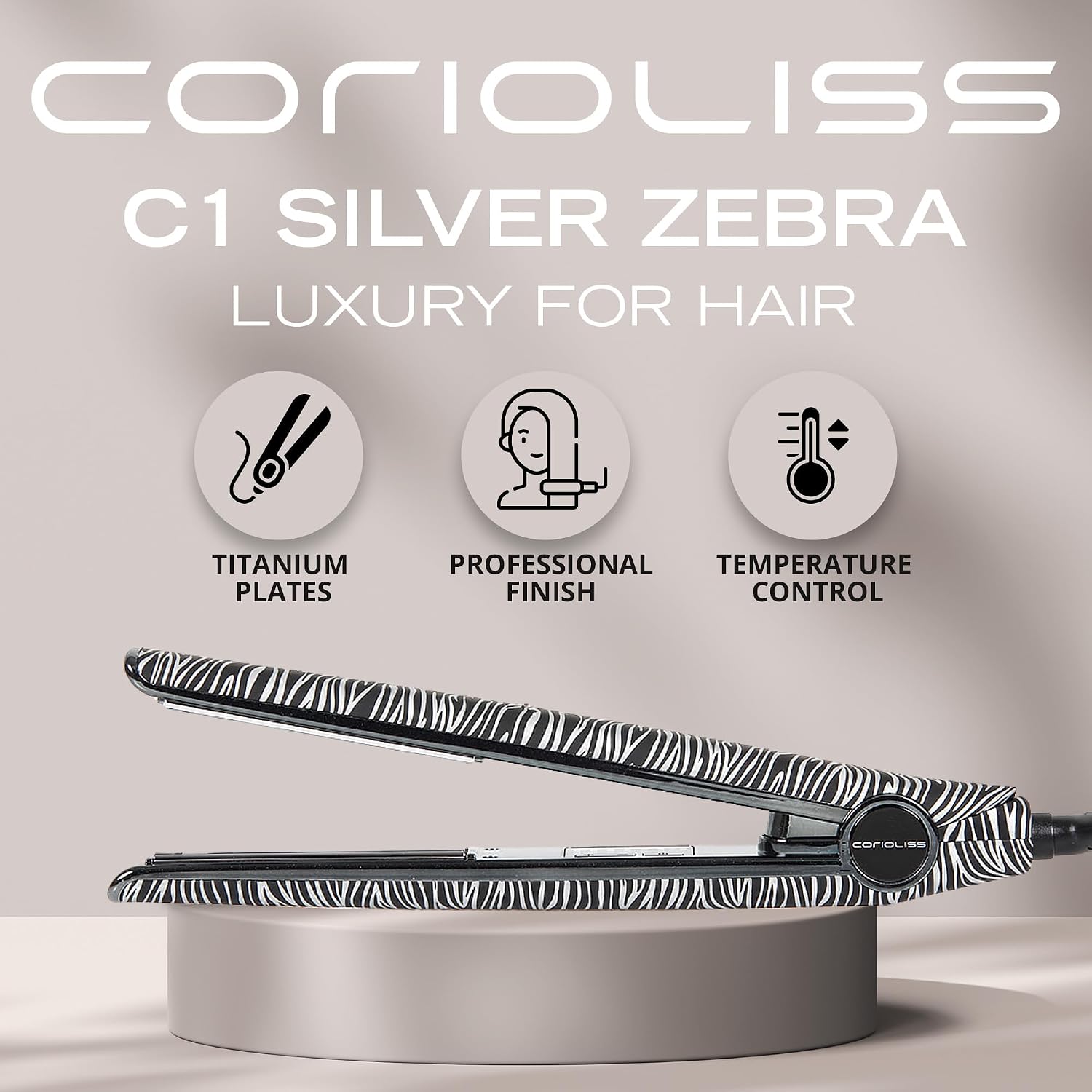 Corioliss C1 Flat Iron Hair Straightener Professional Titanium Plates Temperature Control Travel Case (Zebra Silver)