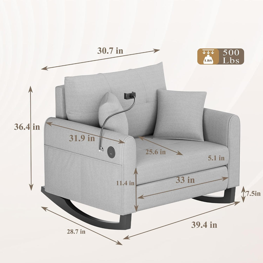 HOMREST Upholstered Oversize Rocking Chair with Adjustable Phone Handle, Nursery Rocking Chair with High Back and Side Pocket USB Port, Double Wide Rocker for Living Room, Bedroom, Nursery, Grey