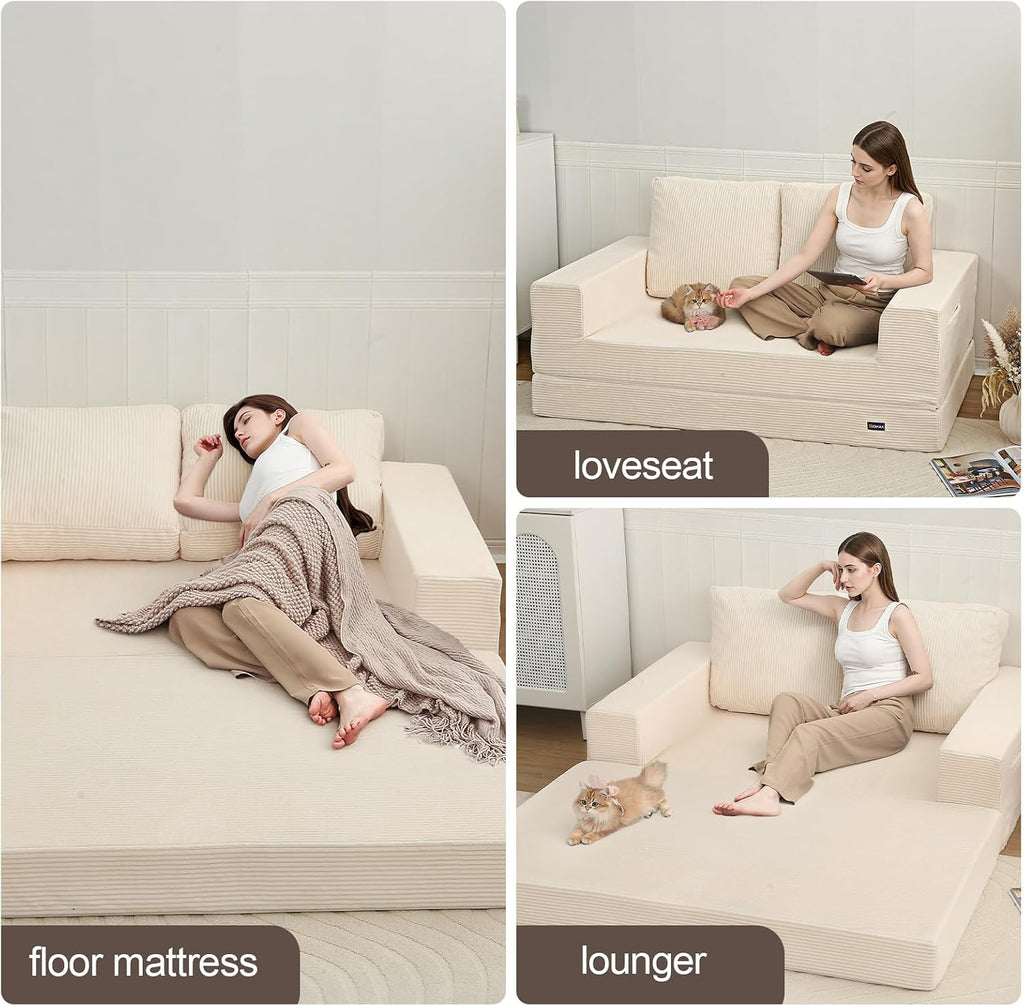 COMAX Convertible Sofa Bed Queen, Folding Fold Out Couch Bed, Floor Futon Couch Corduroy Sleeper Mattress with Back Pillows, Boneless Sofa Comfy Lounge Loveseat for Living Room Bedroom, Beige