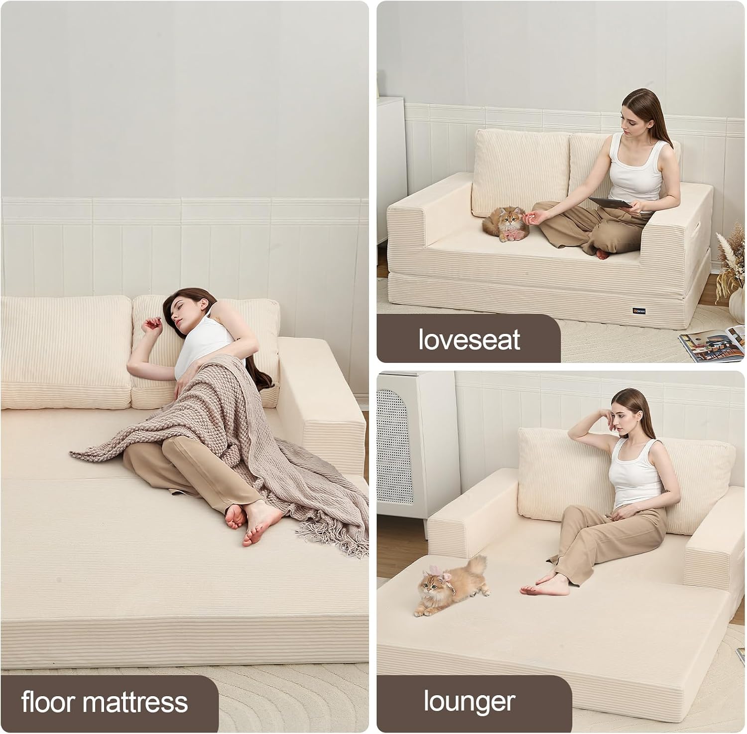 COMAX Convertible Sofa Bed Queen, Folding Fold Out Couch Bed, Floor Futon Couch Corduroy Sleeper Mattress with Back Pillows, Boneless Sofa Comfy Lounge Loveseat for Living Room Bedroom, Beige
