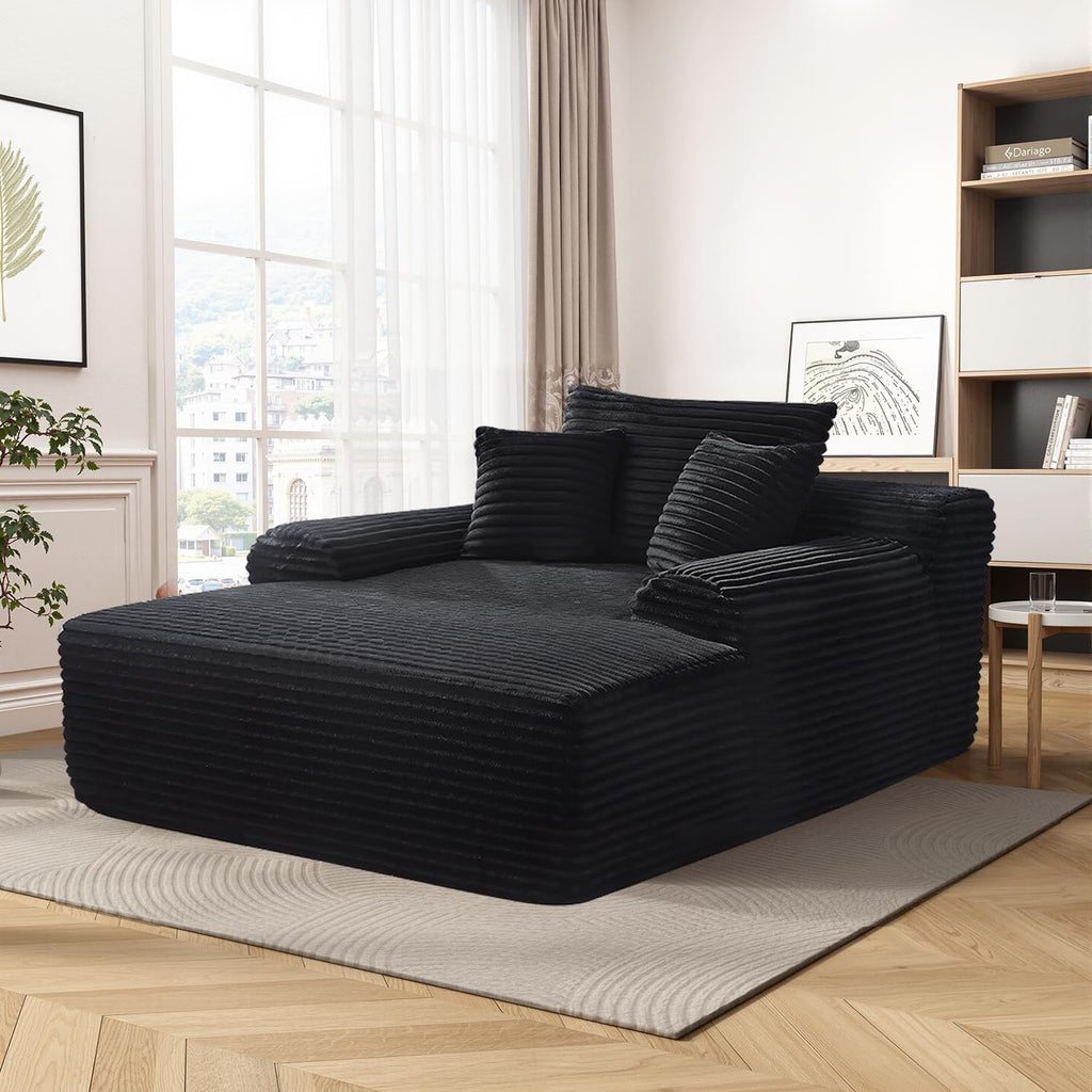 65'' Chaise Lounge Chair Indoor, Black Corduroy Sofa Bed, Boneless Lounge Chair, Oversized Sleeper Sofa, Black Corduroy Cloud Couch Reading Chair for Living Room No Assembly