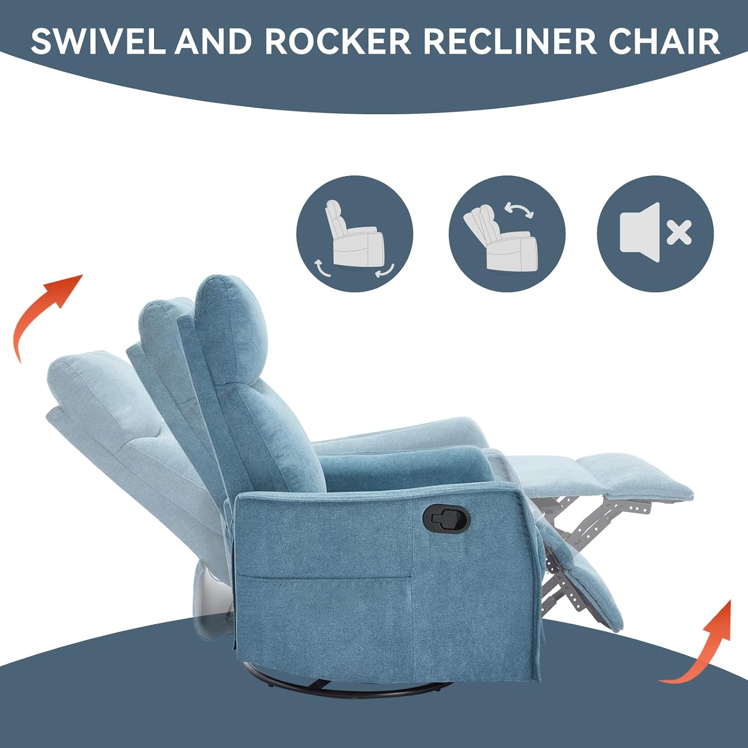 Massage Chair Recliner with Heat, 360° Swivel Glider Rocker with Reclining Backrest and Footrest, Manual Lazy Boy Recliners for Adults, Modern Nursery Rocking Chairs (Blue)