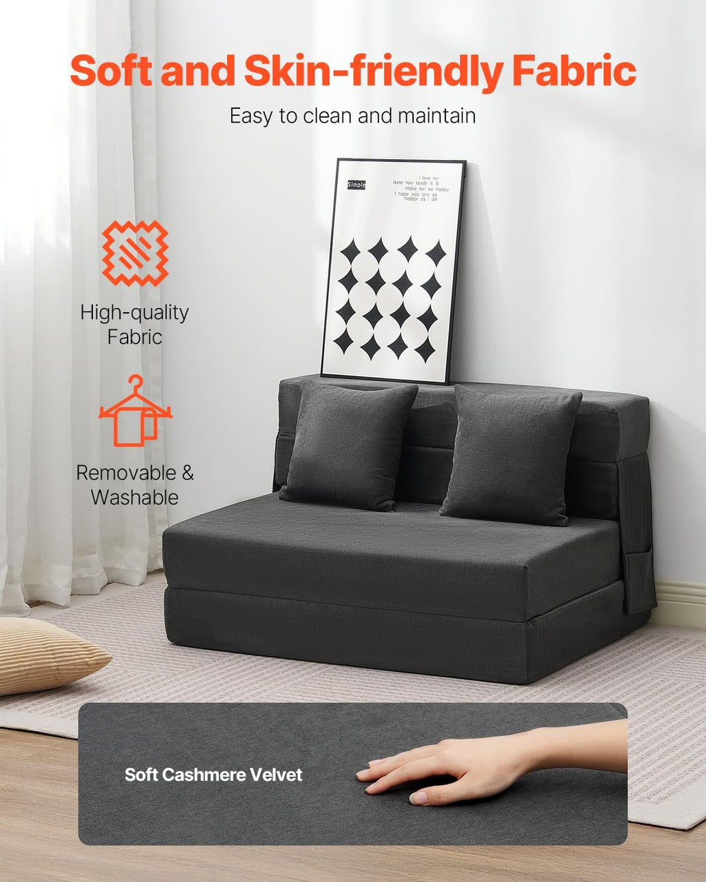 VEVOR Folding Sofa Bed, 3-in-1 Foldable Couch Bed with 2 Pillows and Washable Cover, 25D High Density Memory Foam Convertible Sleeper Chair Bed, Futon Couch for Living Room, Bedroom, Dark Grey(Twin)