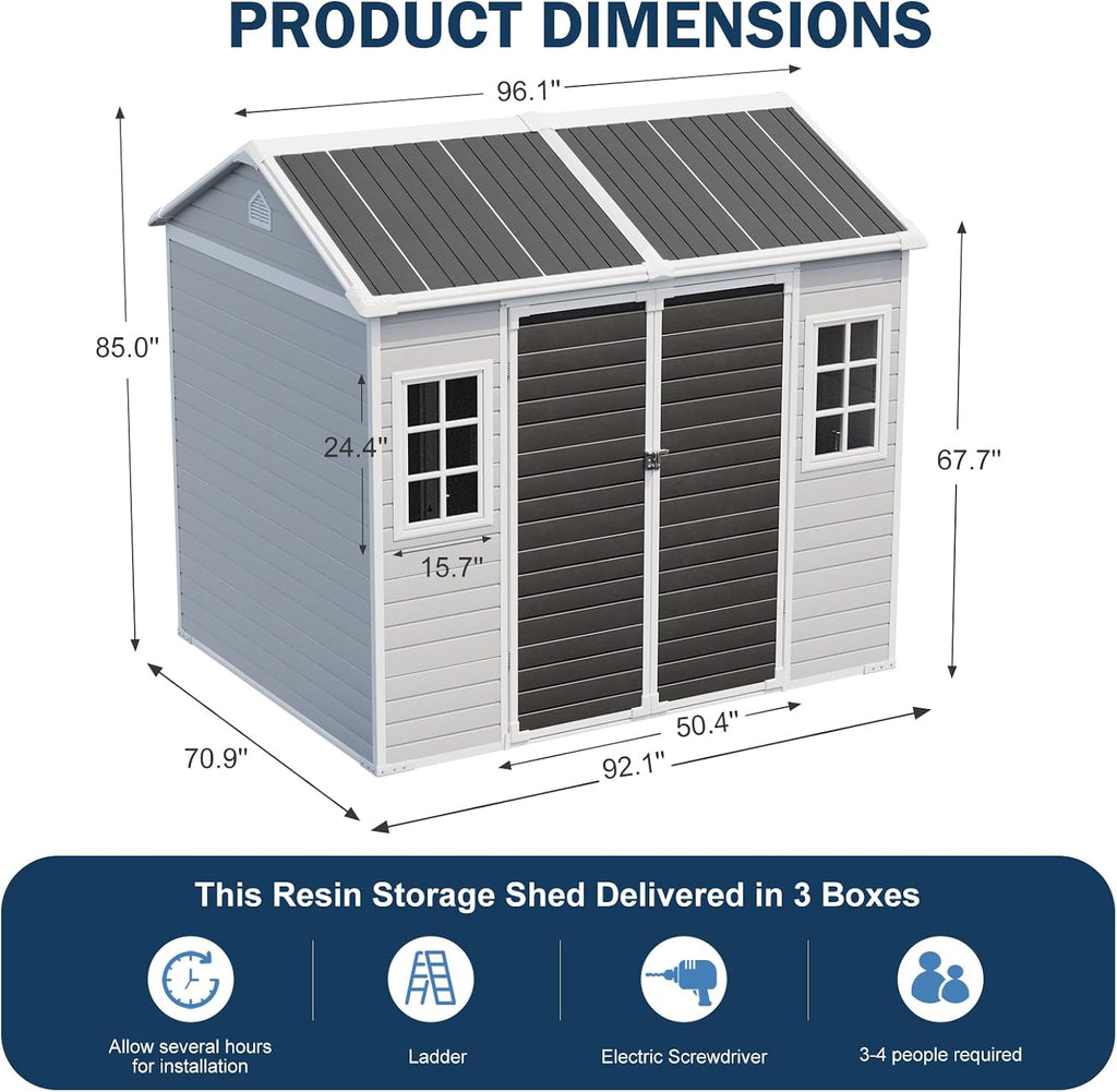 CDCASA 8x6 FT Resin Storage Shed, Large Waterproof Outside Plastic Tool Storage Sheds with Floor & Adjustable Openable Windows, Lockable Door for Backyard Patio Lawn, Dove Grey