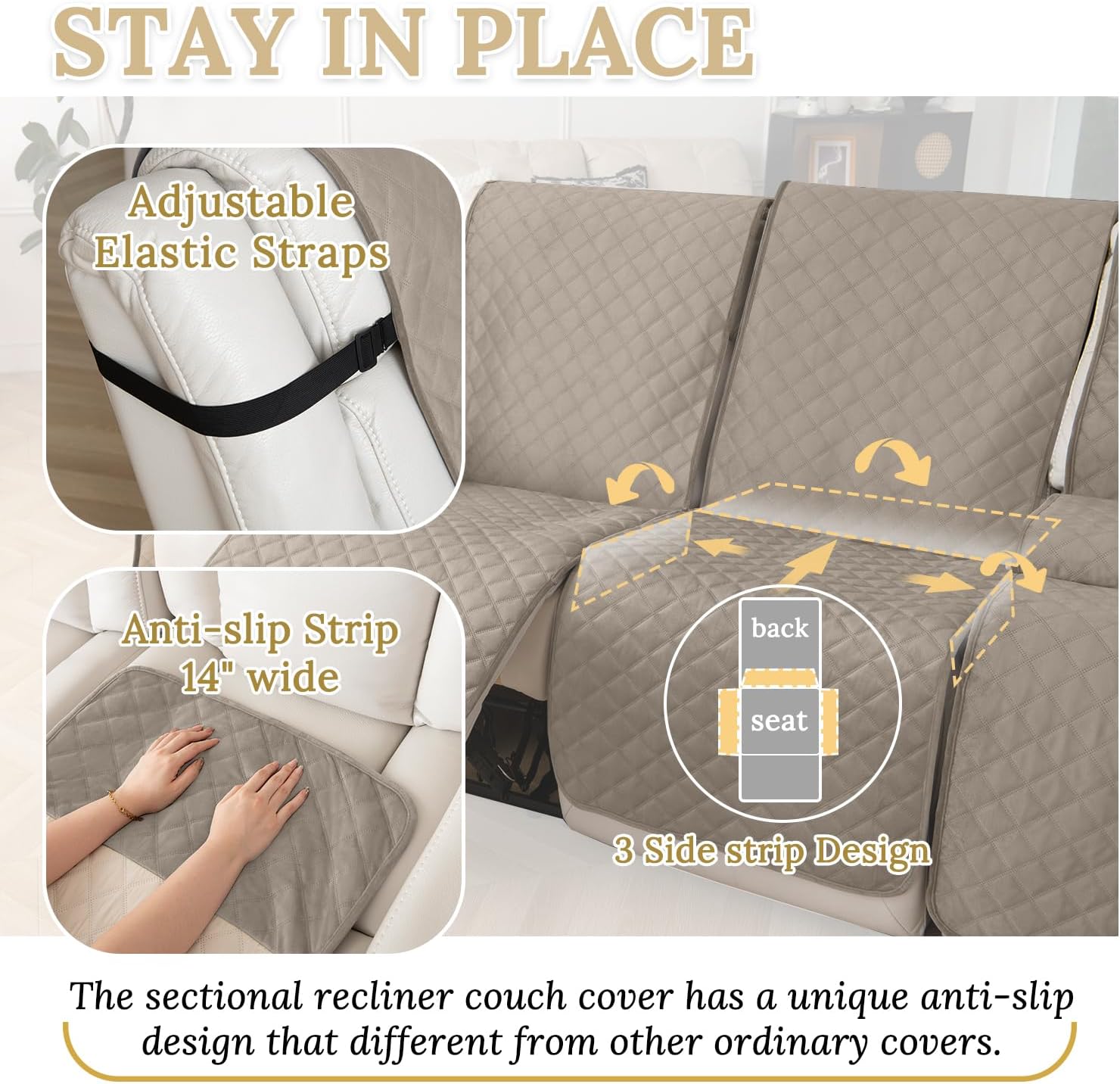 HDCAXKJ 100% Waterproof Velvet Recliner Sectional Couch Covers L Shaped Corner Reclining Sofa Cover Washable Thick Non Slip Sectional Slipcover with Pockets (5 Seat Recliner Couch, Khaki)