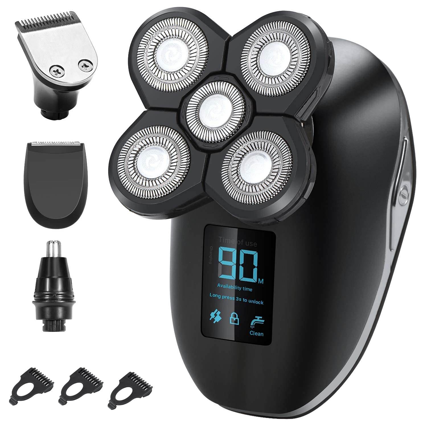 Electric Razor for Men, 5in1 digital display wet dry electric shaver men bald shaving machine beard hair trimmer body facial electric razor rechargeable (Color : Silver)