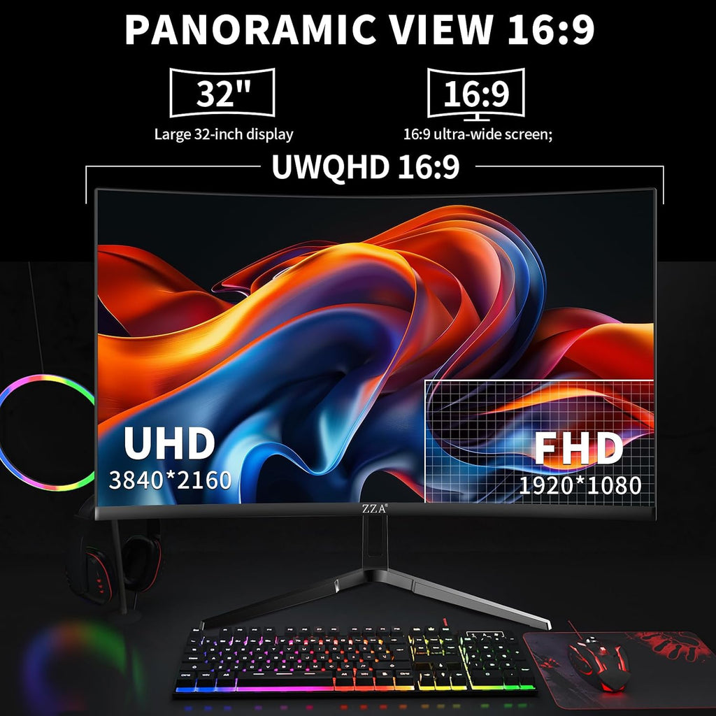 ZZA 32 Inch Curved Gaming Monitor 4K 160HZ Computer Monitor UHD 3840 * 2160P VA Screen, 1500R Curved, Supports AMD Freesync, 120% sRGB, Built-in Wall Mountable Installs(HDMI 2.1/DP 1.4)