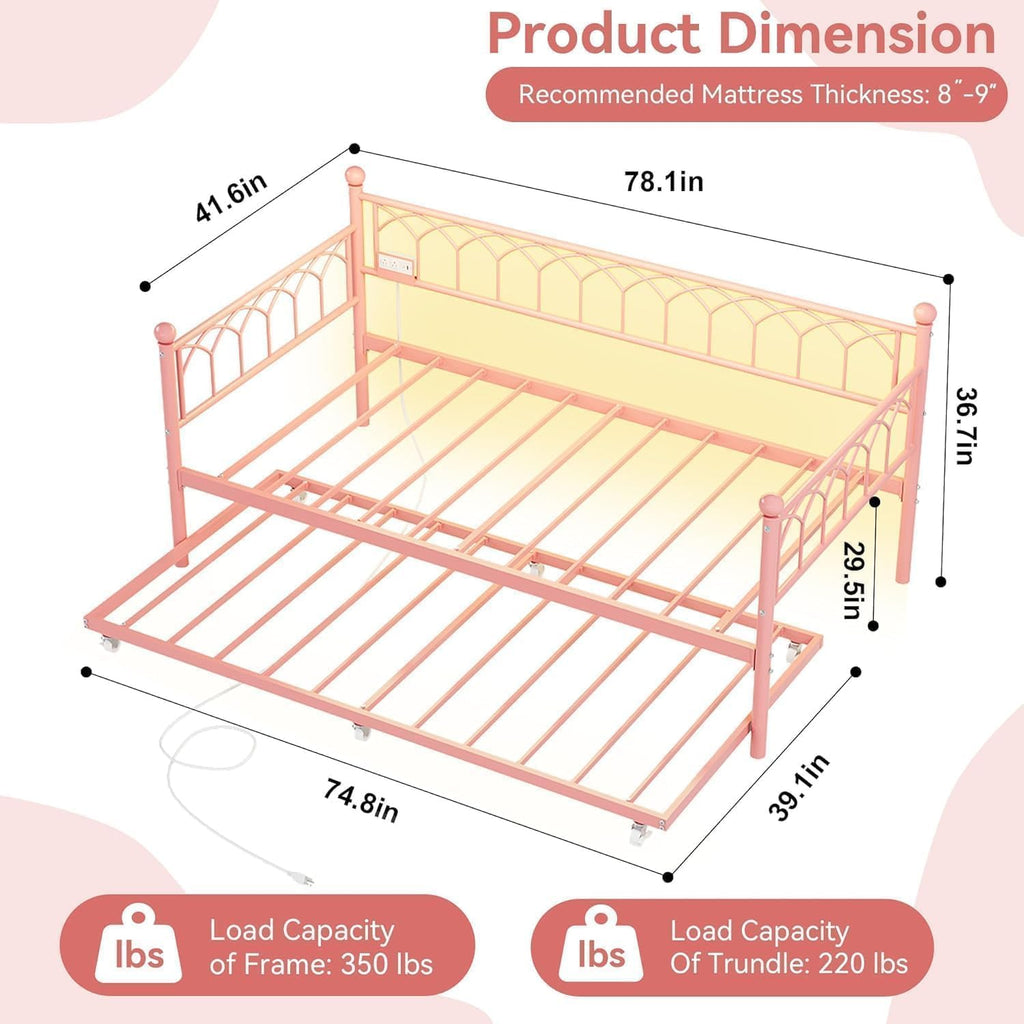 IDEALHOUSE Twin Daybed with Trundle, Day Bed with Charging Station and LED Lights, Heavy Duty Metal Bed Frame, Metal Sofa Bed Frame with Steel Slat Support for Living Room, Bedroom, Apartment, Pink