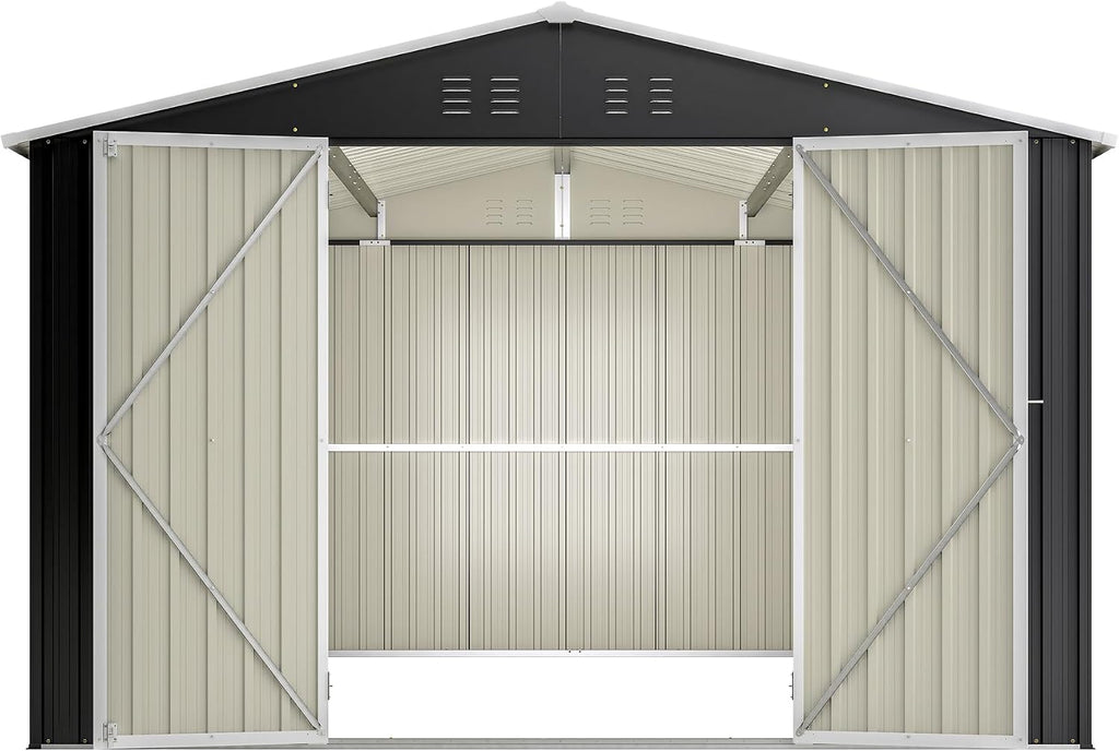 YOPTO 10x12 FT Outdoor Storage Shed,Utility Metal Tool Storage with Lockable Doors and Waterproof Roof, Large Garden Shed for Backyard, Patio Lawn, Black