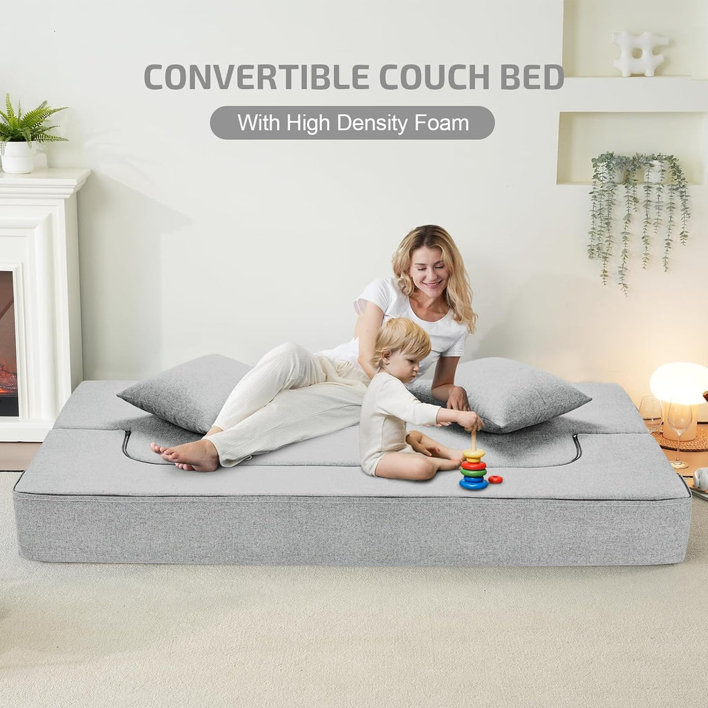 SUYOLS 2-in-1 Folding Sofa Bed with Pillows - Folding Chair Floor Couch & Sleeping Mattress - Washable Cover & Memory Foam Sleeper Chair for Living Room/Guest Room/Apartment/Loft, Light Gray, Twin