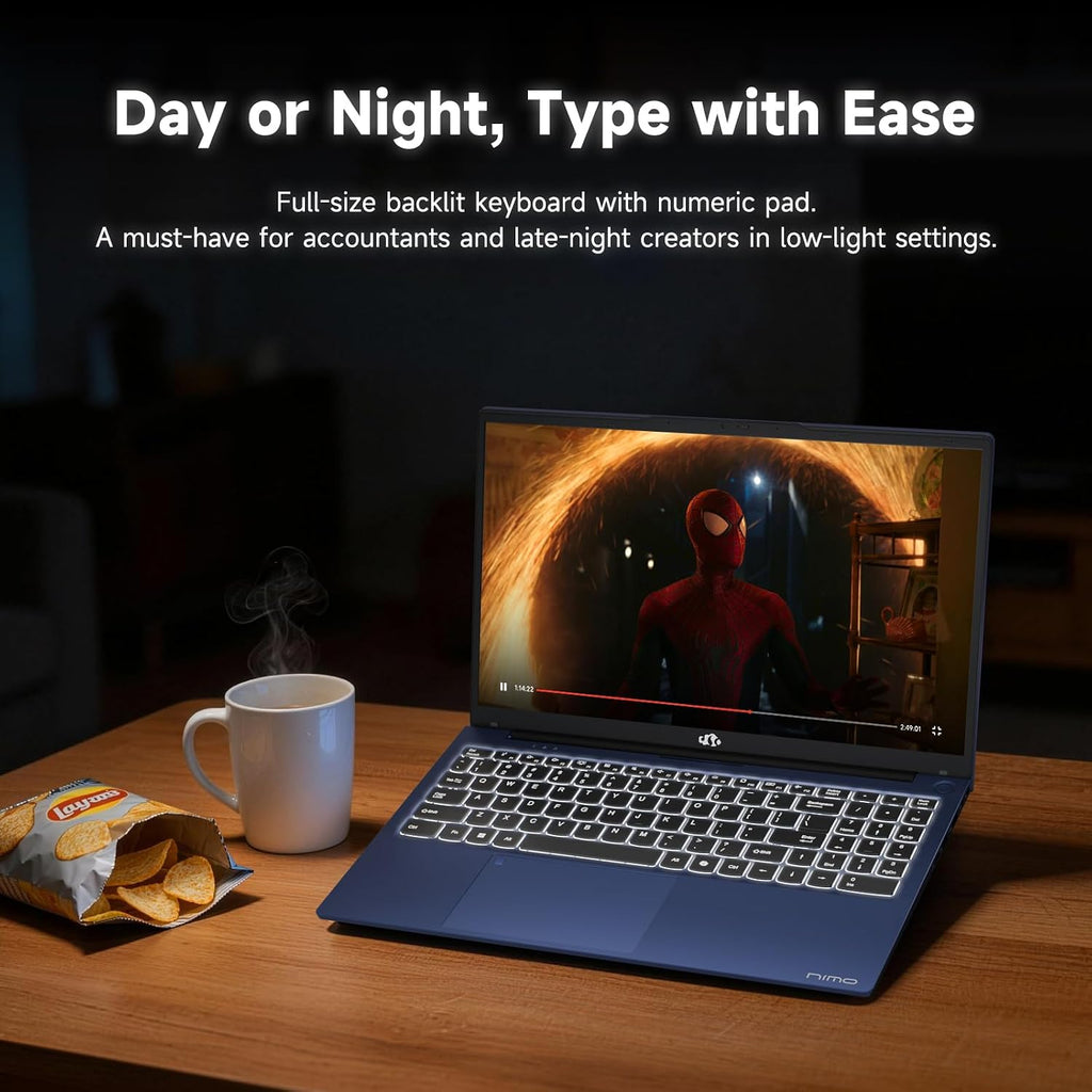 NIMO 15.6' IPS FHD-Student-Laptop, Intel Twin Lake N150 (4 Cores Up to 3.6GHz) with 2-Years-Warranty, 65W Type-C, Fingerprint, Backlit Keyboard, 53.58Wh Battery 8GB RAM 256GB SSD for Office and Home