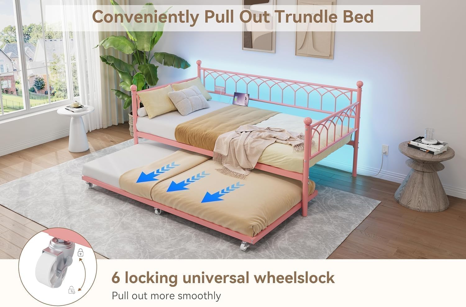 IDEALHOUSE Twin Daybed with Trundle, Day Bed with Charging Station and LED Lights, Heavy Duty Metal Bed Frame, Metal Sofa Bed Frame with Steel Slat Support for Living Room, Bedroom, Apartment, Pink