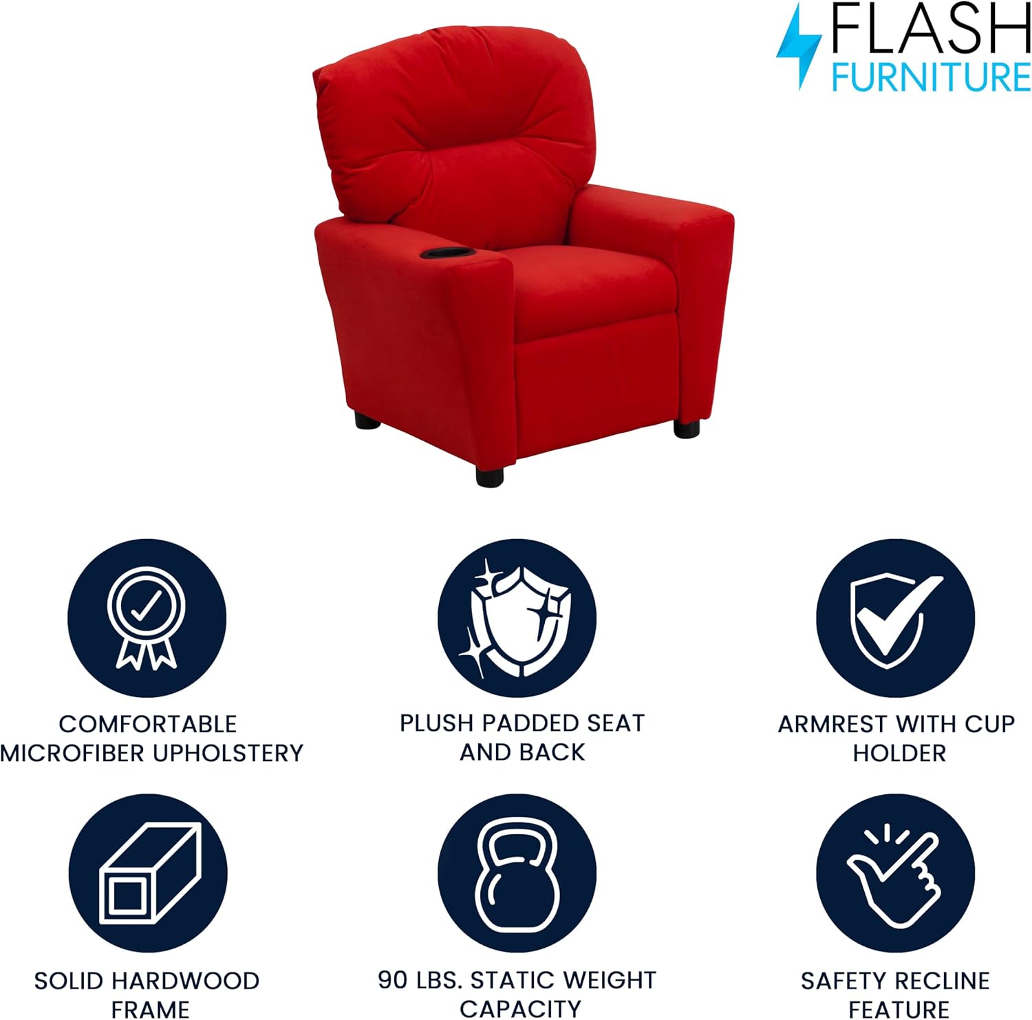 Flash Furniture Chandler Microfiber Kids Recliner with Cup Holder and Safety Recline, Contemporary Reclining Chair for Kids, Supports up to 90 lbs., Red