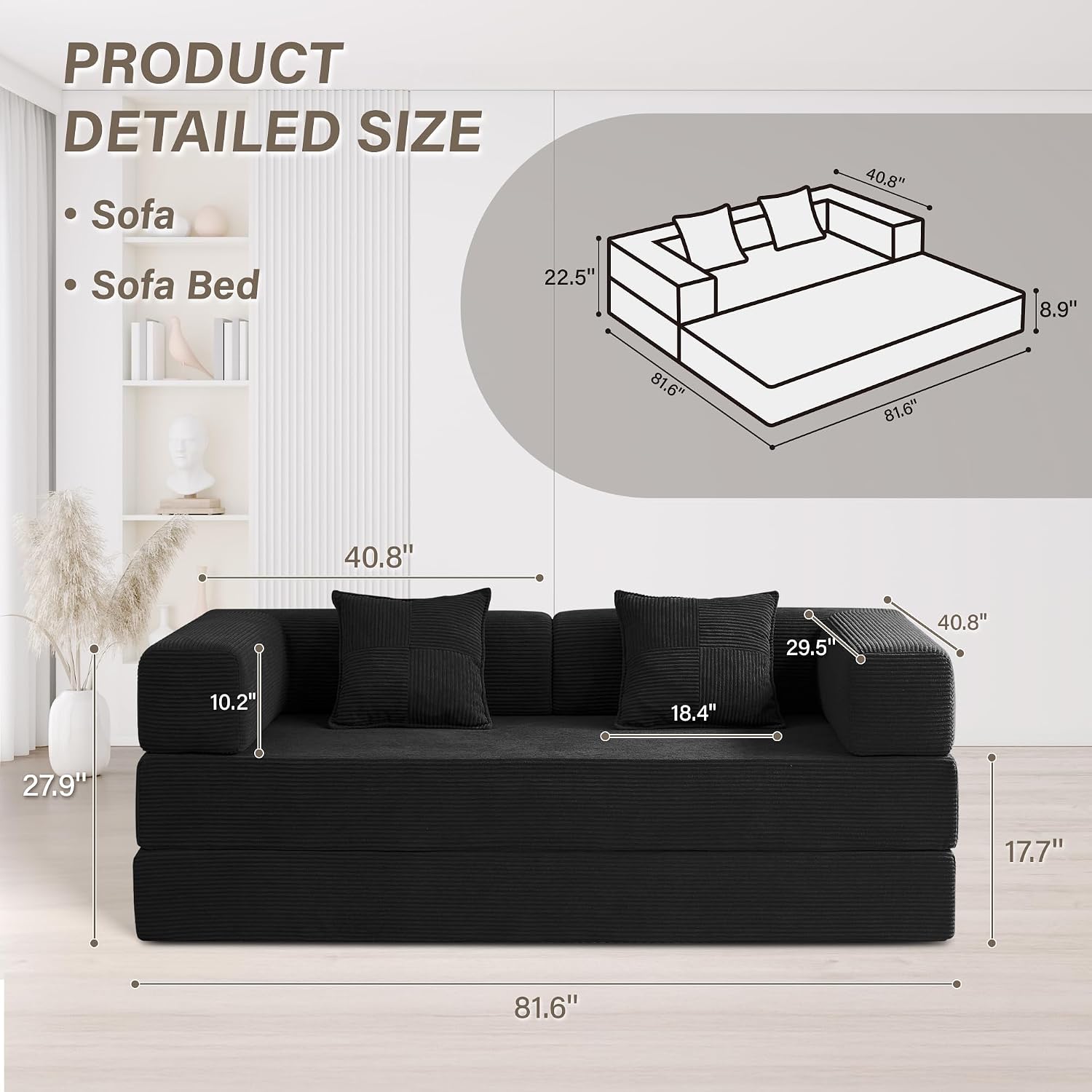 YINIX Foldable Sofa Bed, 78'' Folding Floor Couch, Compressed Convertable Sleeper Sofa, Memory Foam Couch with Pillow Back Support Armrest, 4-in-1 Futon Sofa Bed for Living Room, Black