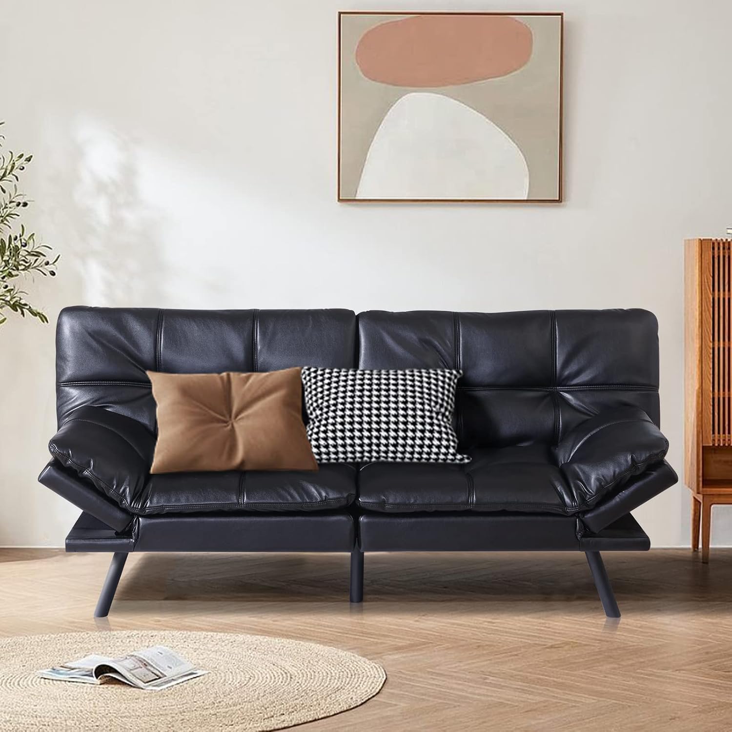 Black Faux Leather Futon Convertible Couch Bed Folding Memory Foam Sleeper Loveseat Adjustable Lounge Futon Sets Sofabed for Living Room,Apartment,Dorm,Office