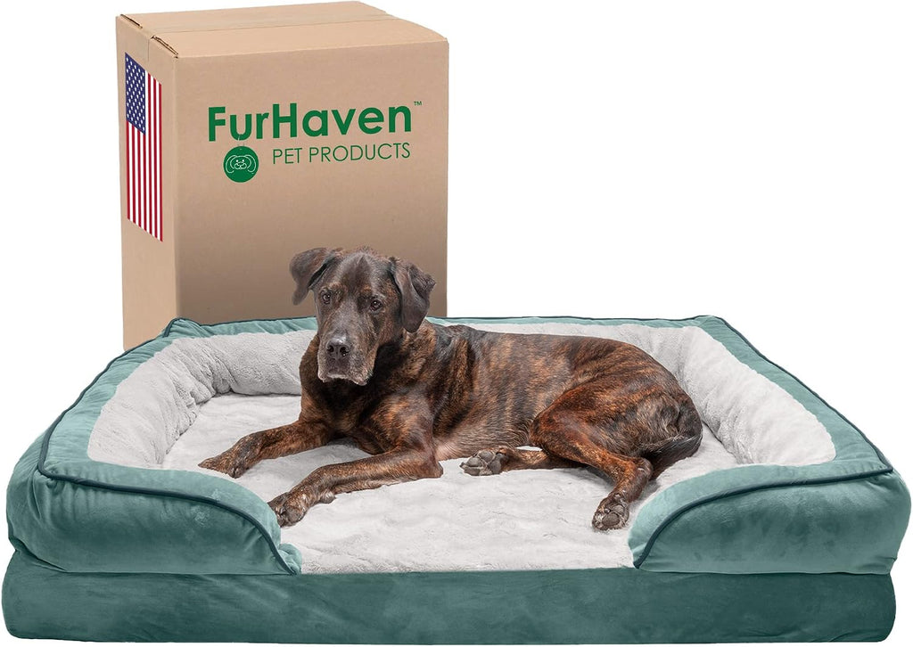 Furhaven Orthopedic Dog Bed for Large Dogs w/ Removable Bolsters & Washable Cover, For Dogs Up to 125 lbs - Plush & Velvet Waves Perfect Comfort Sofa - Celadon Green, Jumbo Plus/XXL