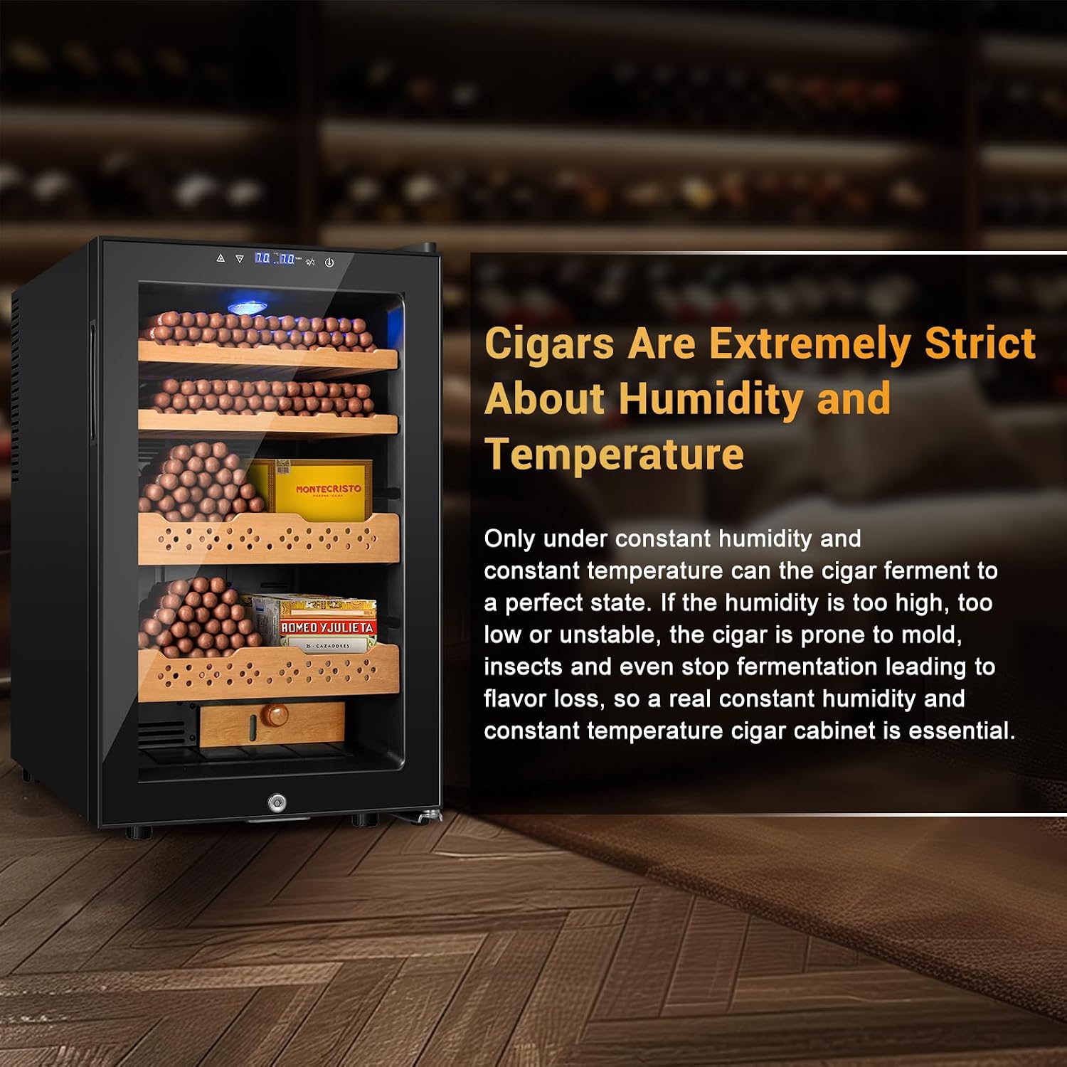 Electric Humidor, 70L 400 Counts Large Capacity,Thermostatic Cooling Humidor Cabinet with Smart Humidity & Temp Control, Spanish Cedar Wood Shelves, Safety Lock
