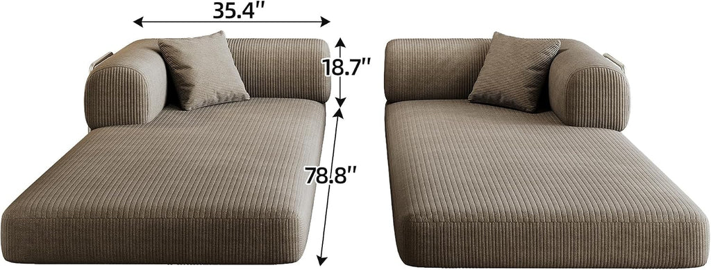 79' Convertible Sofa Bed, Corduroy Folding Pull Out Couch with Pillows, No Assembly Modern Boneless Couch Compression Sofa in Box, Floor Sofa with Support Rods for Living Room,Camel