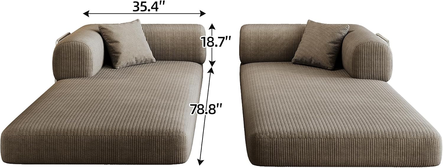 79' Convertible Sofa Bed, Corduroy Folding Pull Out Couch with Pillows, No Assembly Modern Boneless Couch Compression Sofa in Box, Floor Sofa with Support Rods for Living Room,Camel