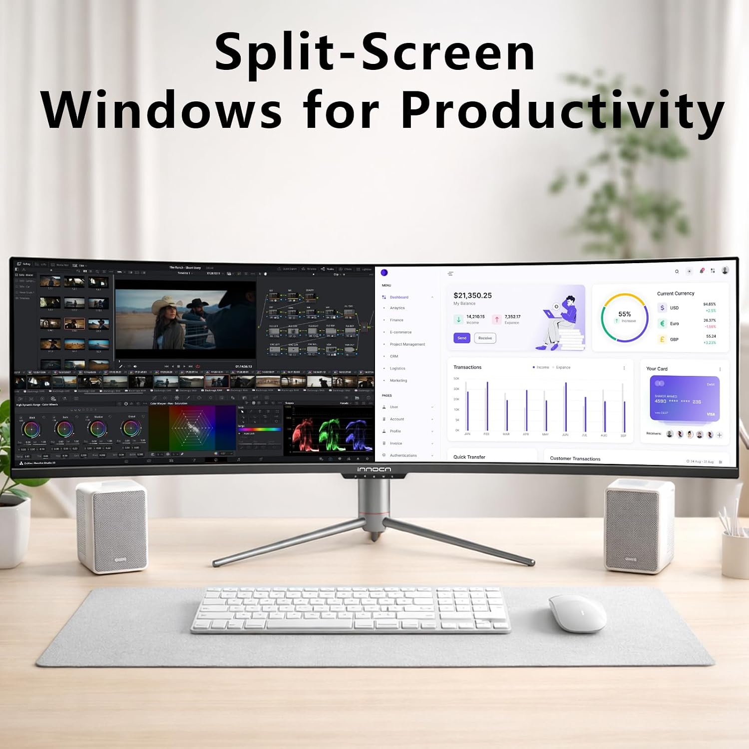 INNOCN Ultrawide 49' Curved 3840 x 1080P 144Hz 32:9 Monitor, Screen Split PIP PBP for Workflow/Gaming, R1800, 99% sRGB, HDR400, USB C, DisplayPort, HDMI, Speakers, Adjustable, Black (HDMI+DP Cable)
